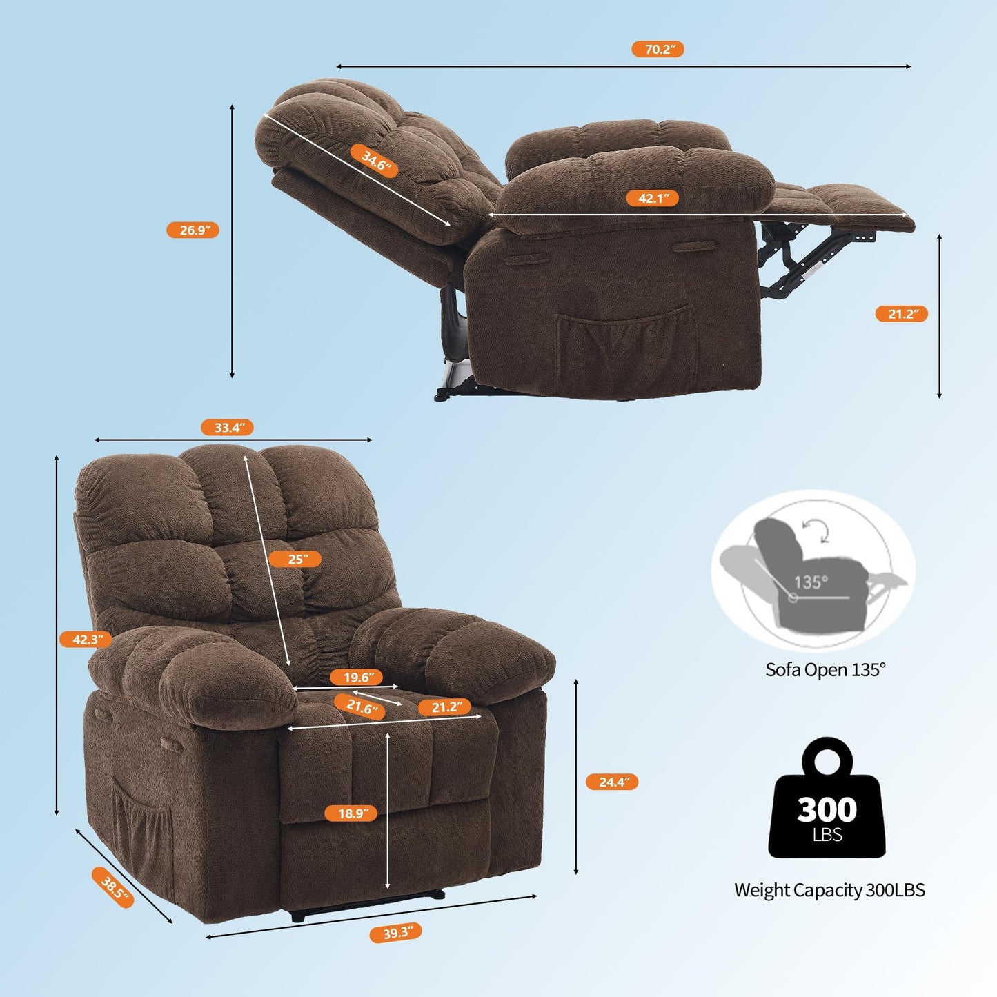 Massage & Heating Recliner Chair for Adults, 150° Manual Oversized Recliner with Extra Wide Plush Seat, Overstuffed Comfortable Single Sofa for Living Room Bedroom Home Theater for Relaxation