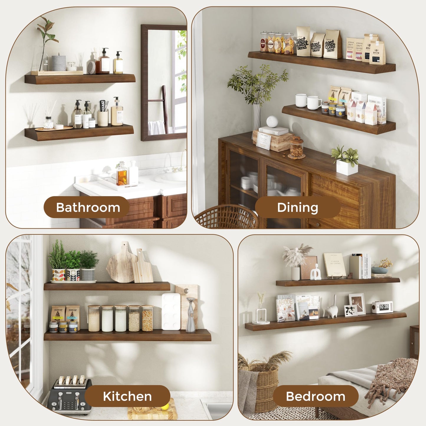 RICHFOCUS Live Edge Wood Floating Shelves 72" Natural Solid Wood Wall Mounted Shelf|Extra Long Floating Shelves for Wall with Invisible Bracket for Bathroom Kitchen Room|1Pcs, Walnut