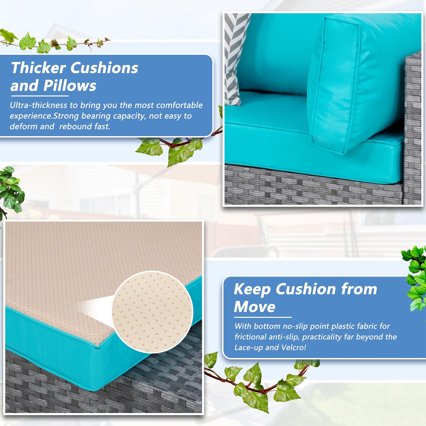 Patio Furniture Sets, 5 Piece Outdoor Sectional Sofas, Wicker Rattan Outdoor Furniture Patio Conversation Set, All-Weather PE Rattan Outdoor Couch for Backyard, Garden, Gray & Blue