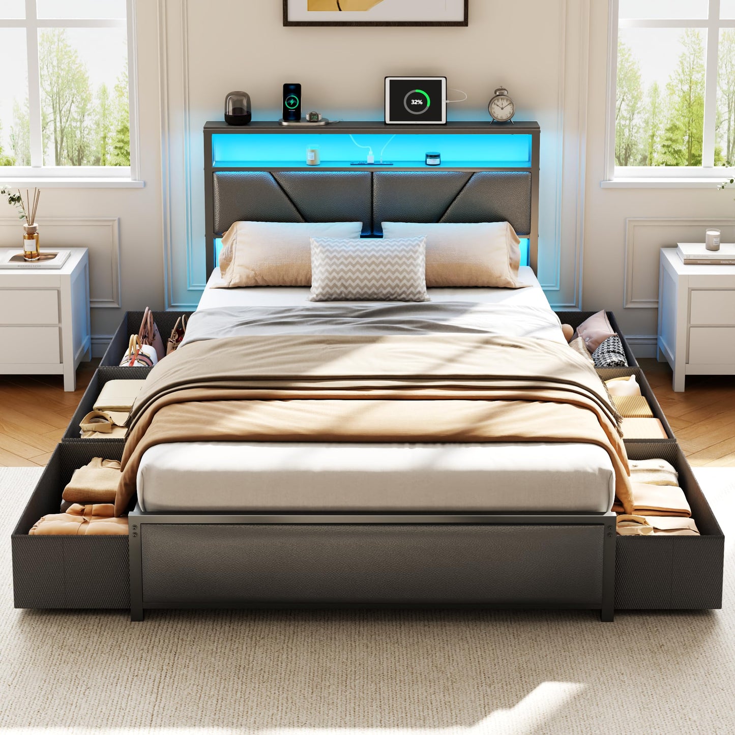 OURPIC Full Size Bed Frame, 2-Tier Storage Headboard & 6 Fabric Drawers, PU Leather Upholstered Platform Bed Frame Full with Charging Station and LED Lights, No Box Spring Needed, Noise Free
