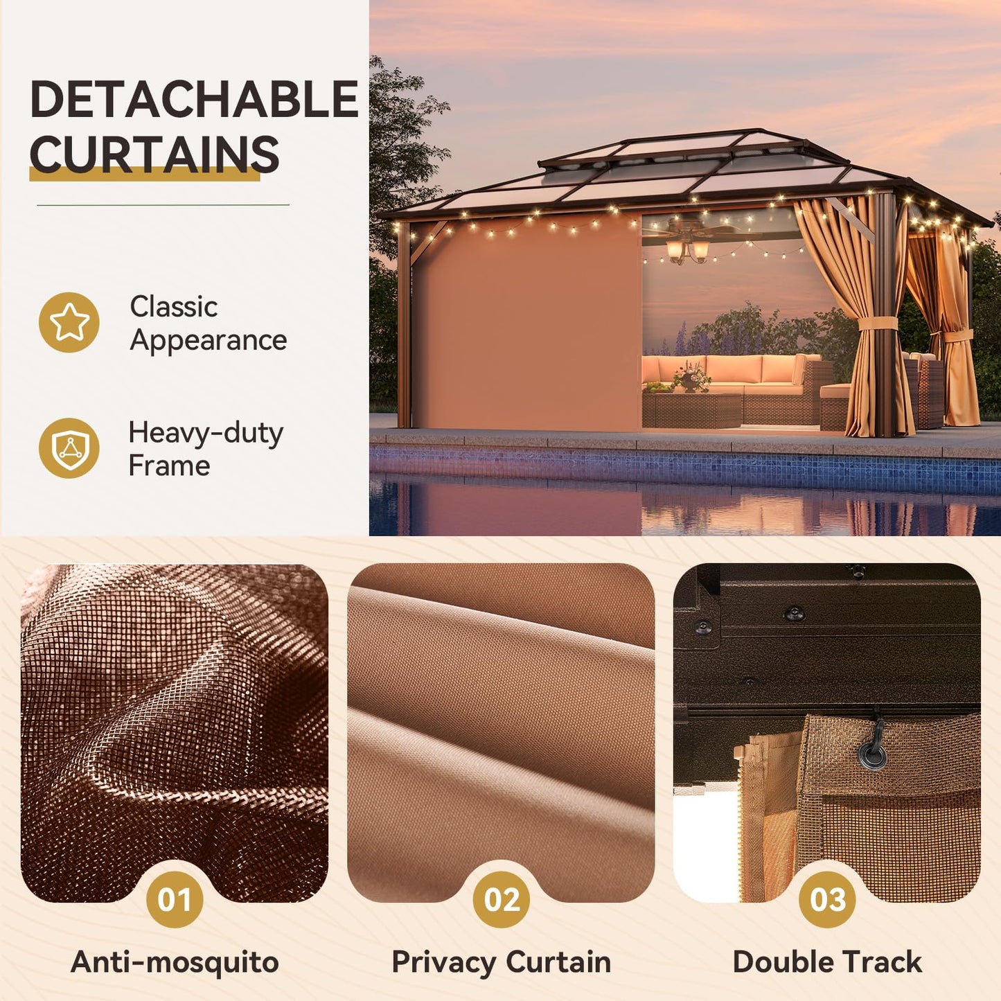 Aoxun 12'x16' Hardtop Gazebo, Outdoor Metal Gazebo with Double Polycarbonate Roof Canopy, Permanent Pavilion with Netting and Curtains for Lawn, Garden, Patio (Brown)