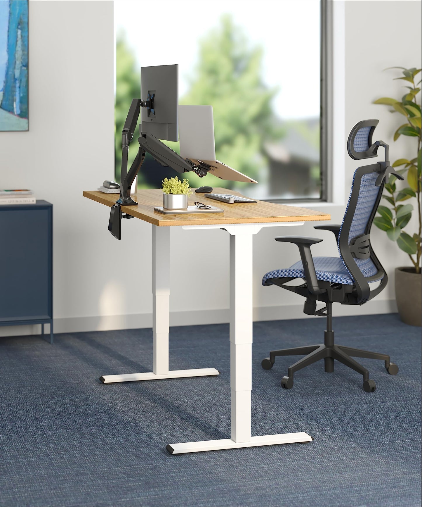 FlexiSpot E6 Bamboo 3-Stage Dual Motor Electric Standing Desk 55 x 28 Sit Stand Up Desk, Holds 220 lbs, Adjustable Height w/ Memory Presets, Solid Bamboo Desktop & White Frame, Ships in 2 Boxes