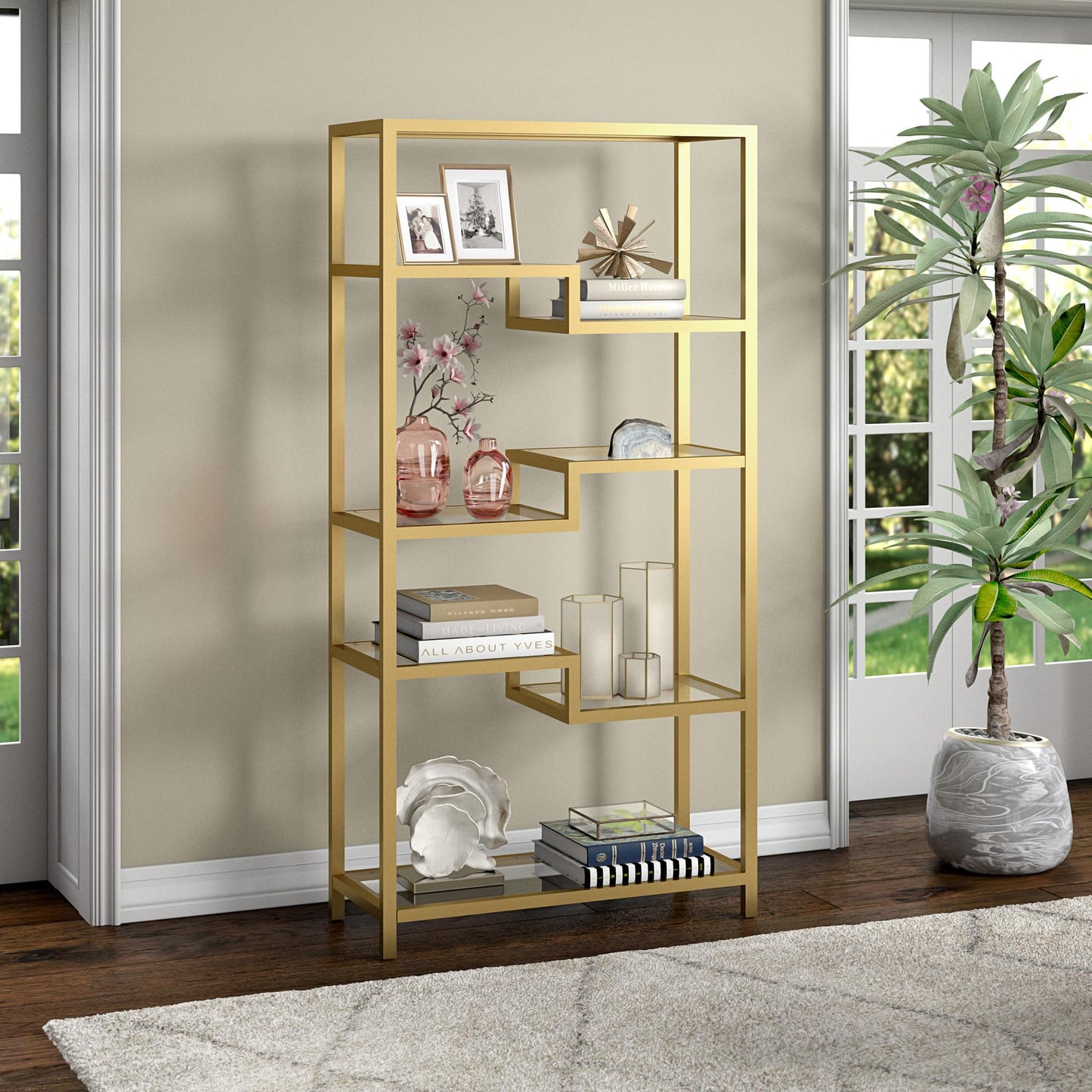 Henn&Hart 68" Tall Rectangular Bookcase in Brass, for Home Office, Living Room