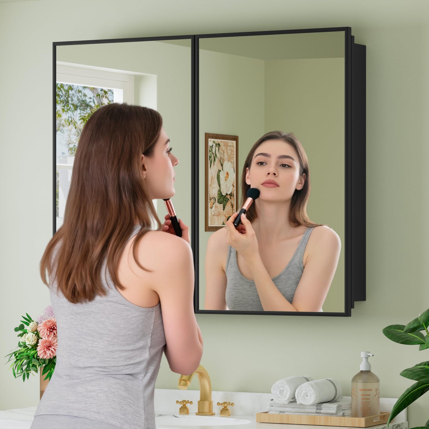 Buruis 36" x 30" Framed Medicine Cabinet with Mirror, Recessed or Wall Mounted Bathroom Cabinet, Adjustable Tempered Glass Shelves, Left/Right Open Reversible, No Assembly Required, Black