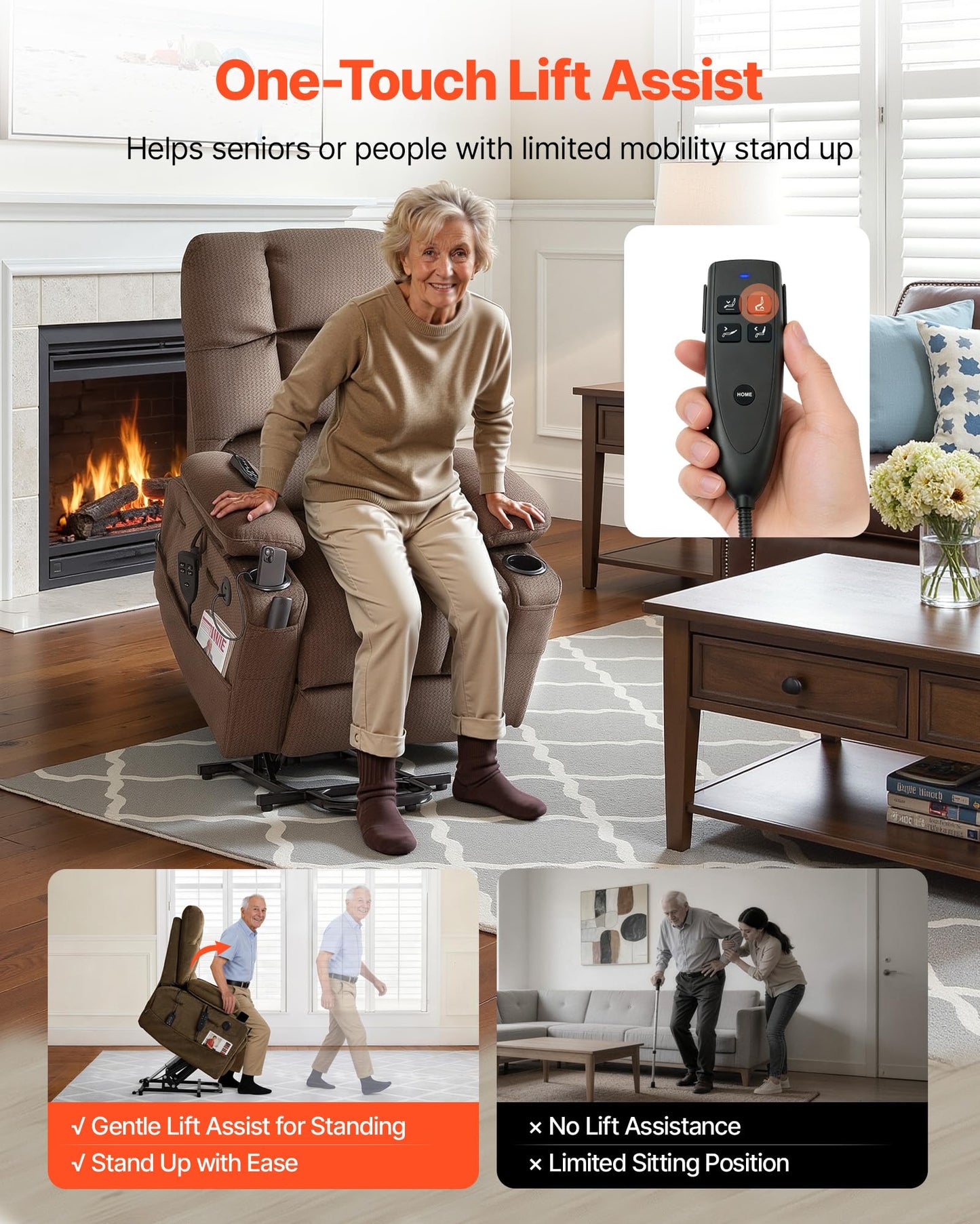VEVOR Large Power Lift Recliner Chair, Dual Motor Lift Chair with Heat and Massage for Elderly, Position Adjustable with Side and Front Pockets, Cup Holders, Velvet Fabric, Brown