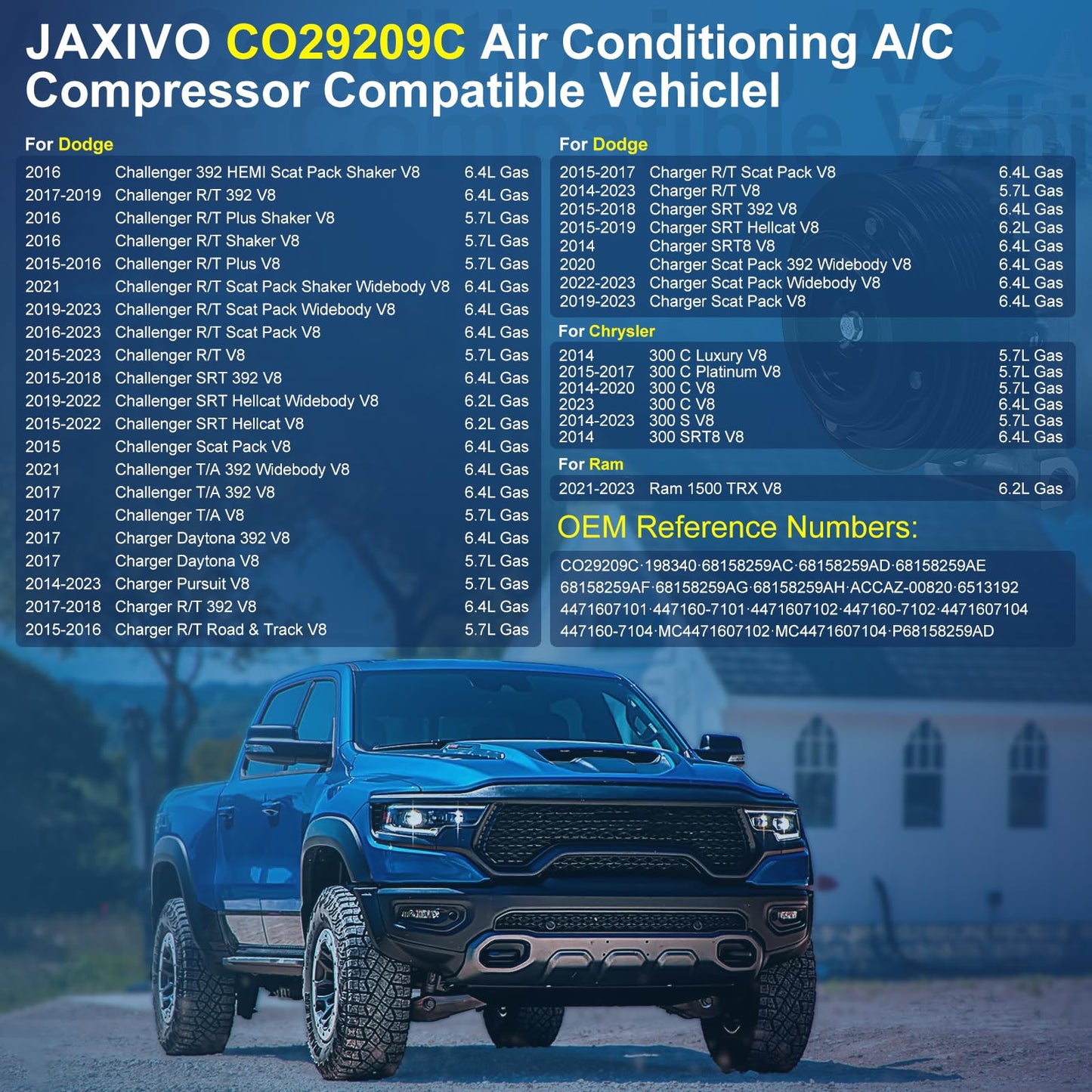 Jaxivo 198340 Air Conditioning A/C Compressor Compatible with 14-23 Chrysler 300 5.7L/6.4L,15-23 Challenger/Charger 5.7L/6.2L/6.4,21-23 Ram 1500,Air Conditioner Compressor Replace CO29209C,68158259AH