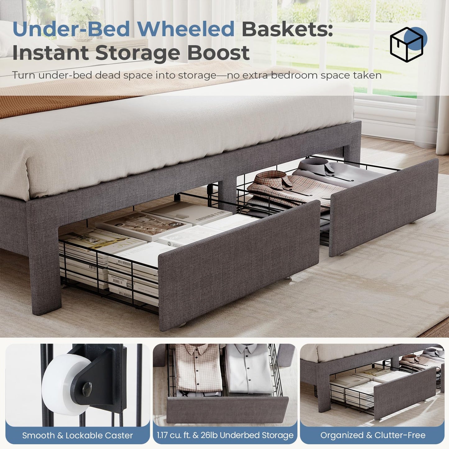 OLIXIS Queen Size Bed Frame with Headboard, Upholstere Platform Bedframe with 2 Fabric Underbed Storage Drawers, Mattress Foundation with Wooden Slats Support, Easy Assembly, Gray