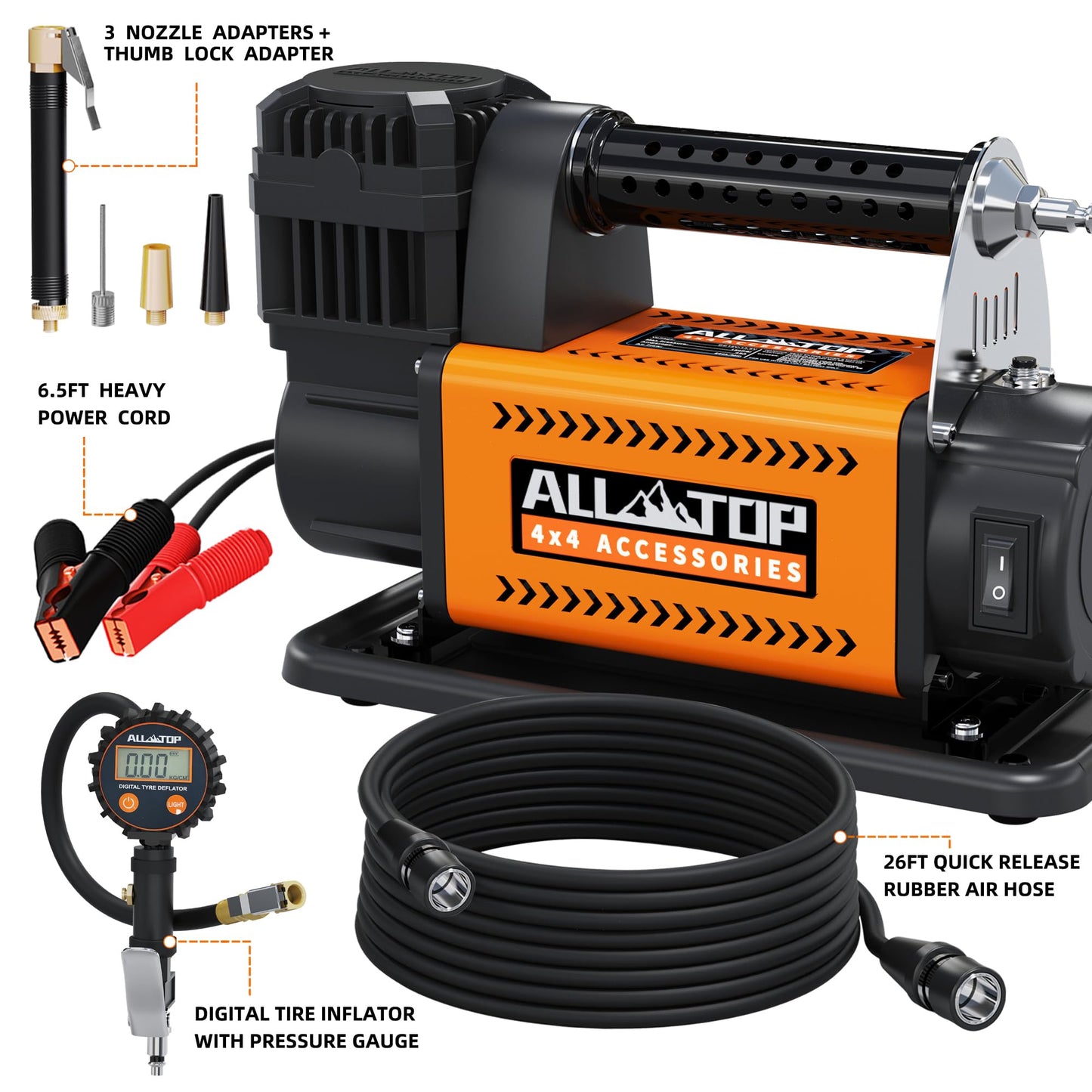 ALL-TOP Air Compressor with Digital Pressure Gauge Tire Inflator Kit, 12V Portable Inflator 7.06ft³/Min, Offroad Air Pump for Truck Tires, Heavy Duty Max 150 PSI for 4x4 Vehicle & RV