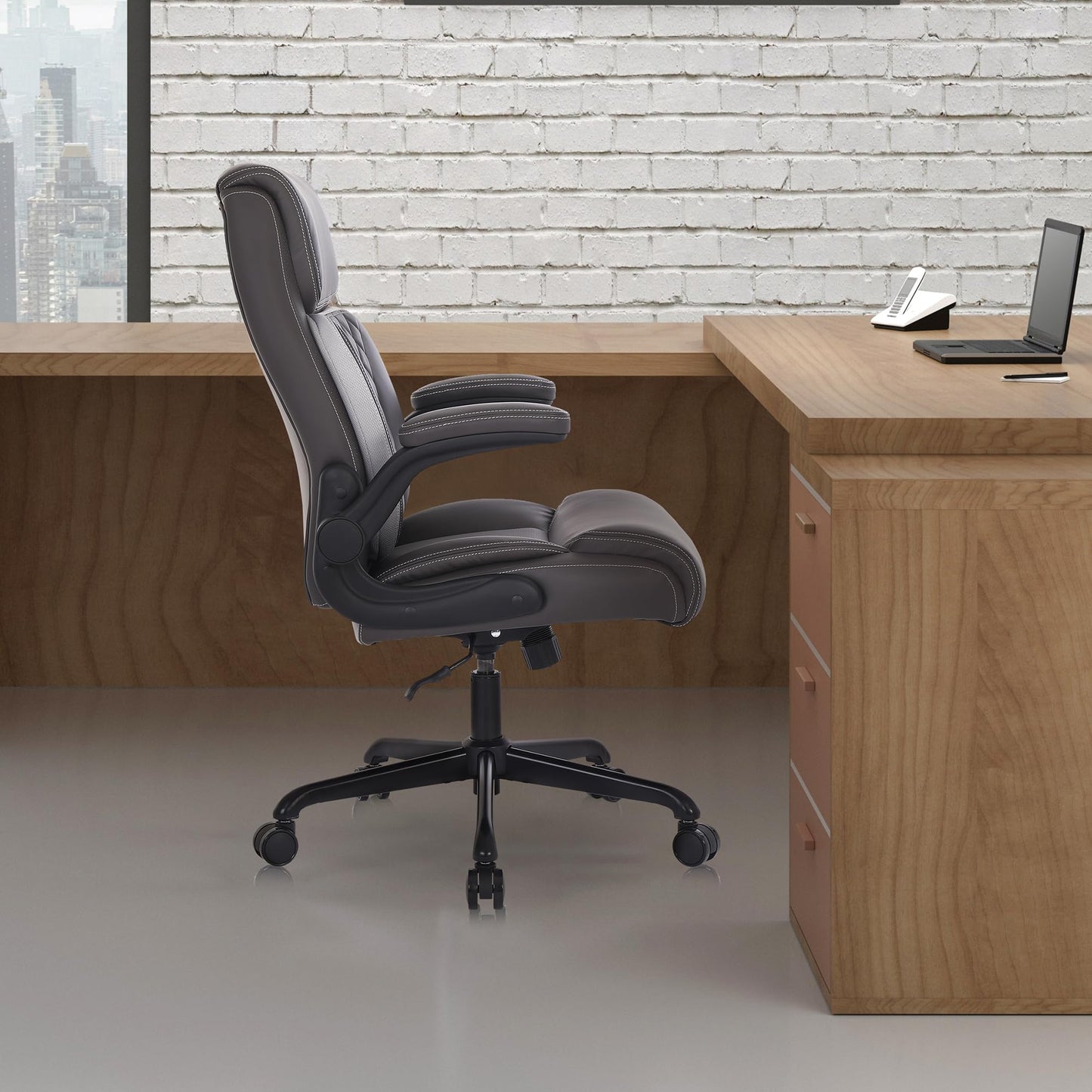 Youhauchair Executive Office Chair, Ergonomic PU Leather Computer Desk Chair with Lumbar Support, Flip-up Armrests and Adjustable Height, for Home Office, Brown