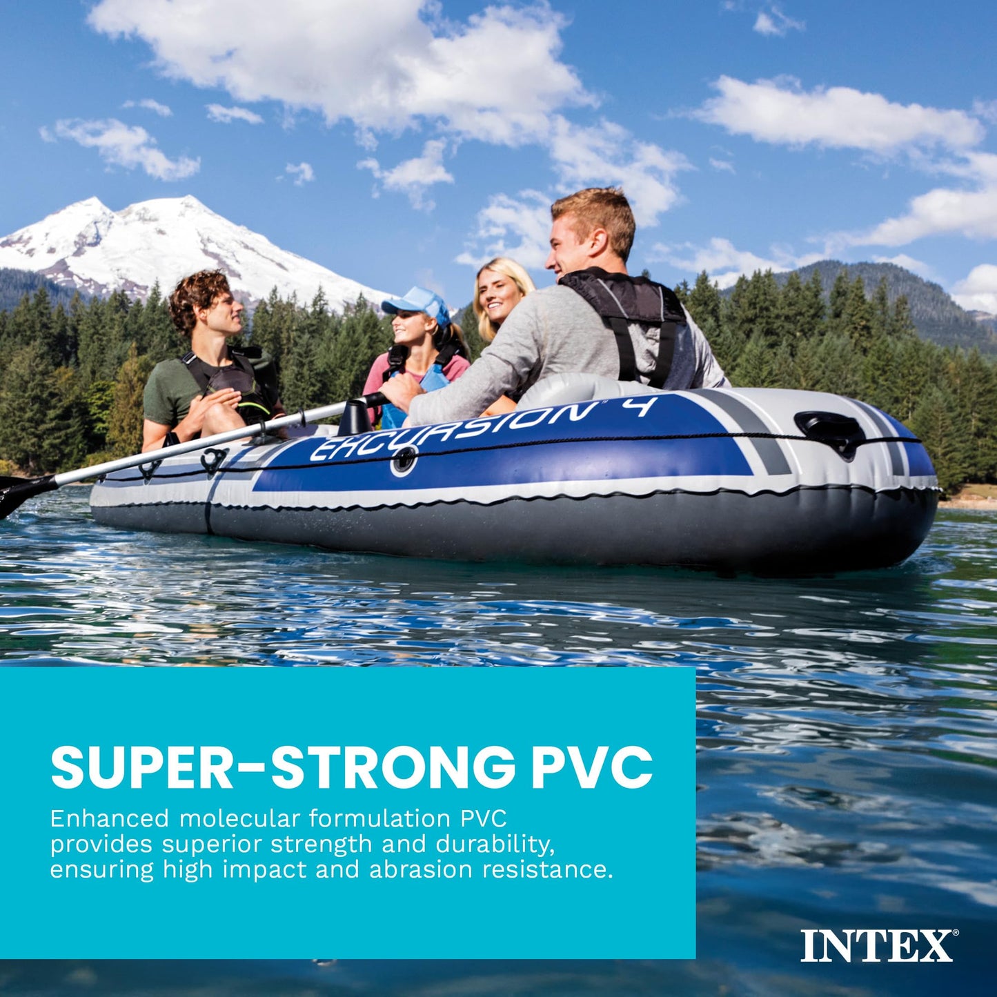 Intex 68324EP Excursion 4 Inflatable Boat Set: Includes Deluxe 54in Boat Oars and High-Output Pump – Adjustable Seats with Backrest – Fishing Rod Holders – 4-Person – 1100lb Weight Capacity