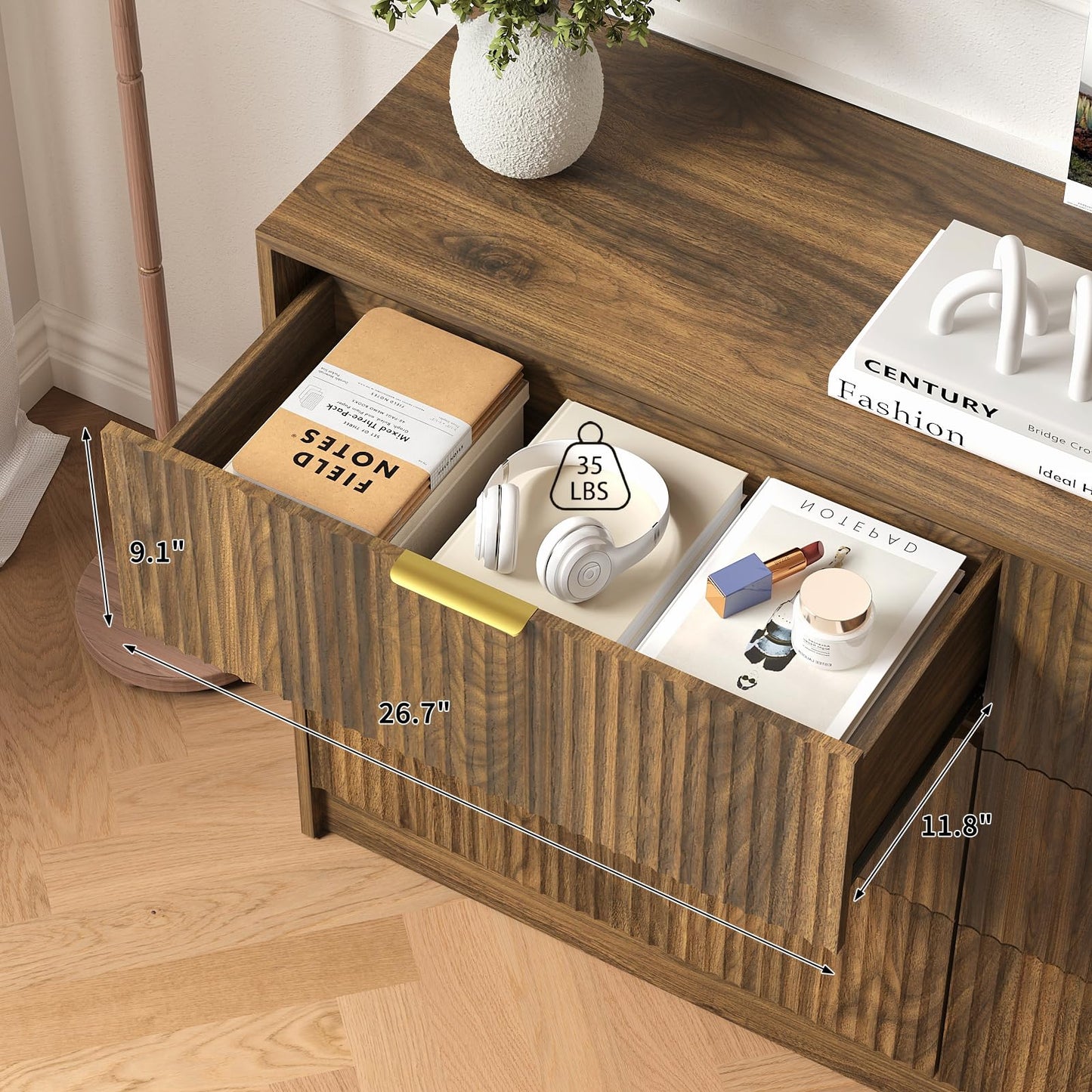 Sscaktu 3-Piece Modern Bedroom Furniture Set, Wide 6-Drawer Dresser & 2-Drawer Nightstands Set of 2, Natural Wood Dresser and Nightstand Sets for Bedroom, Hallway, Walnut