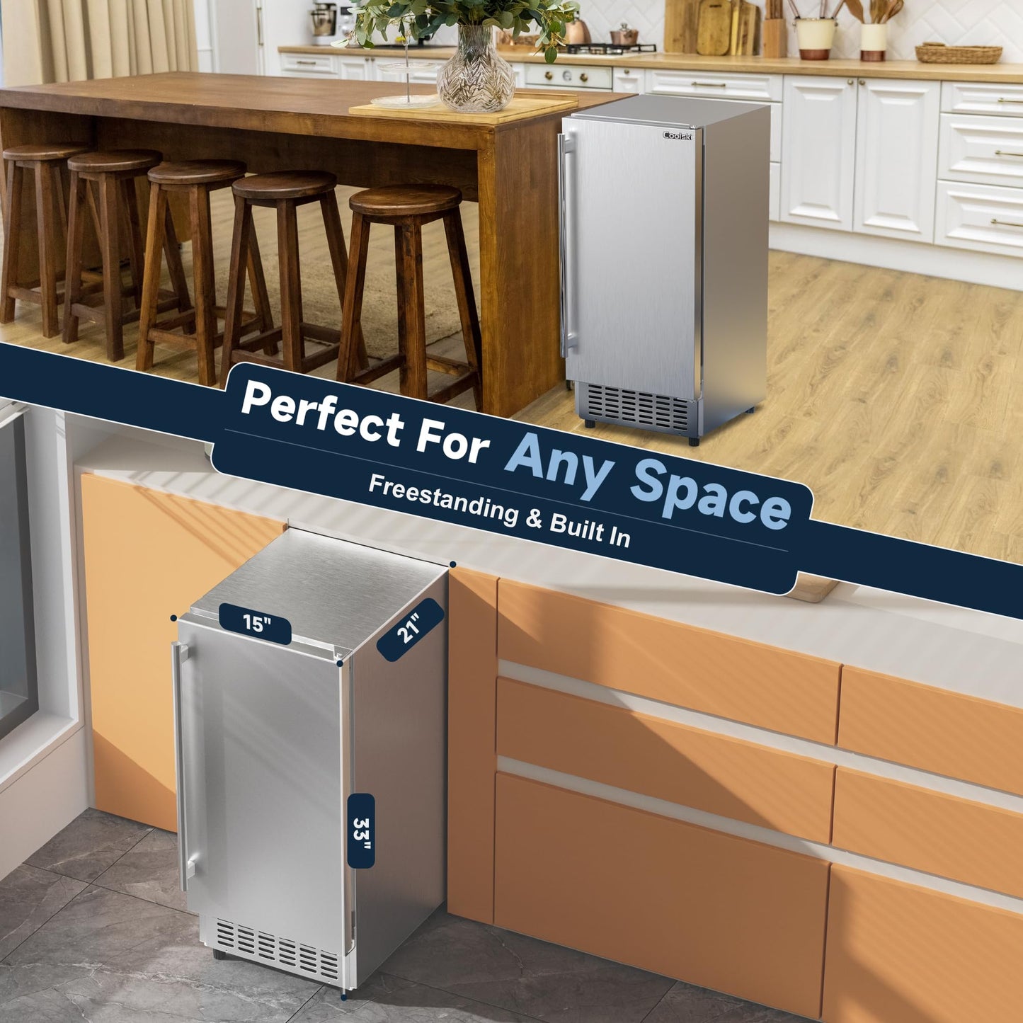 Coolski 15" W Commercial Under Counter Ice Maker Machine, 130 Lbs/Day Auto-Cleaning, 30 Lbs Storage, Stainless Steel Built-in Freestanding Ice Maker for Home Bar Restaurant Outdoor
