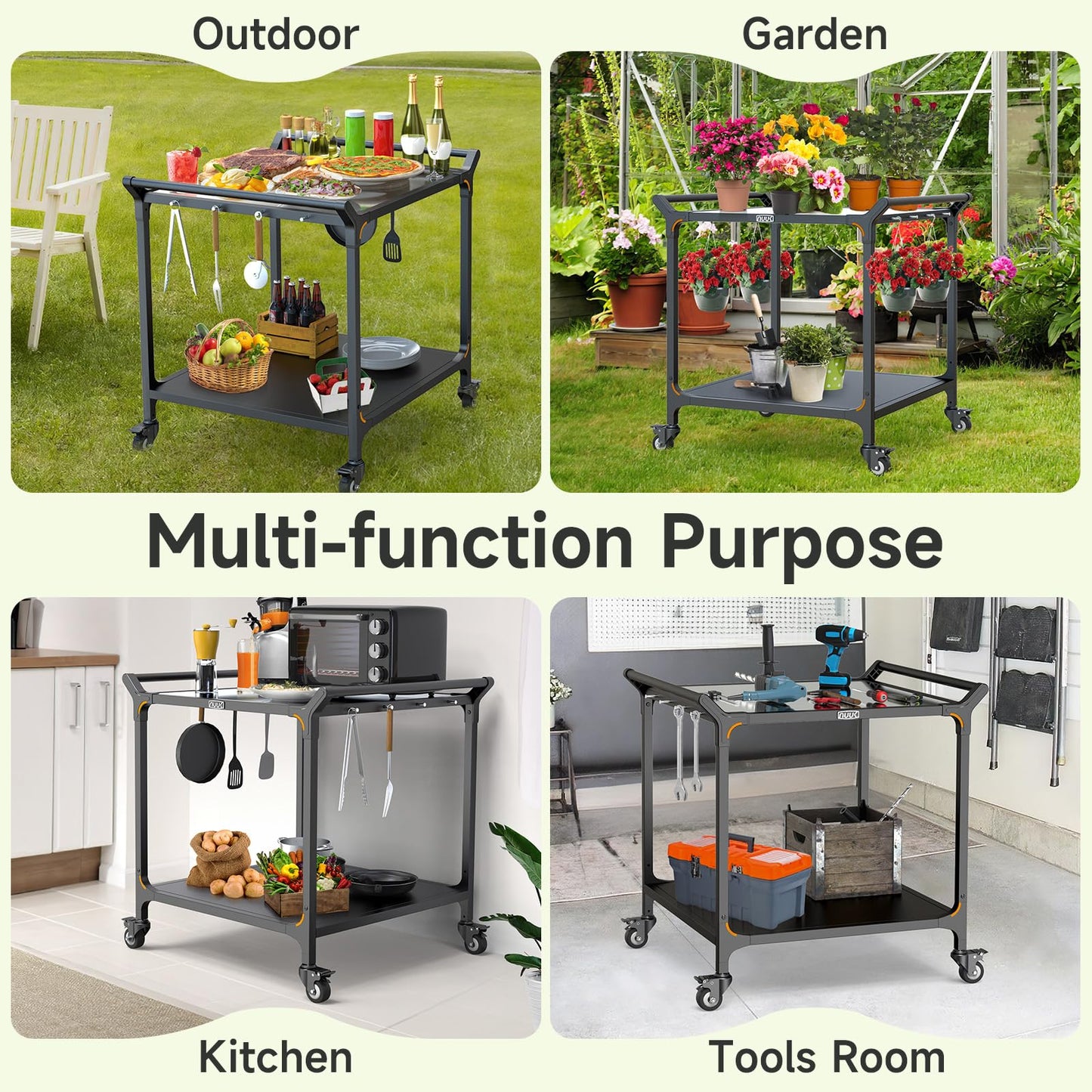 NUUK Outdoor Grill Cart on Wheel 32" x 32", Stainless Steel Pizza Oven Table with Double-Shelf, Rolling Countertop Kitchen Food Prep Cart for Backyard, Garden, Restaurant