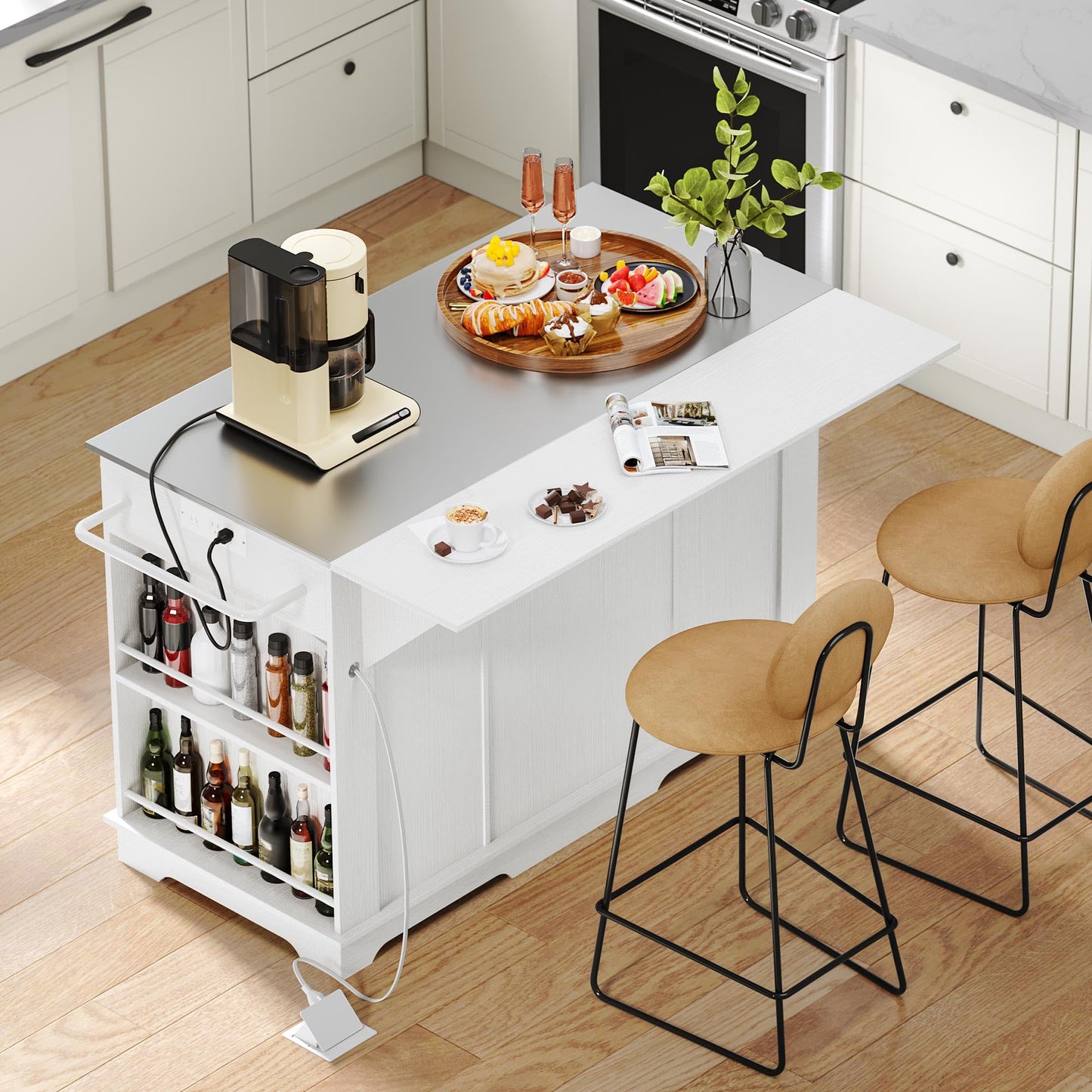 DWVO Kitchen Island with Stainless Steel Top & Power Outlet, 60 Inch Kitchen Island on Wheels with Drop Leaf, Large Rolling Mobile Center Islands w Storage Drawer Cabinet Counter Metal Top, White