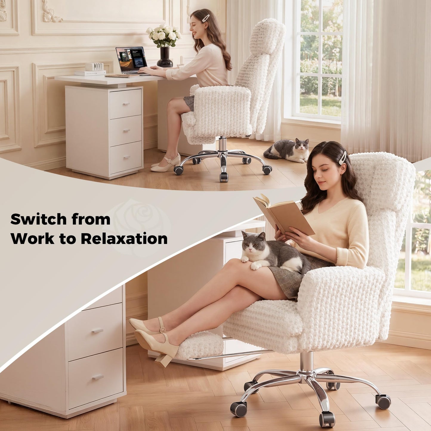 HOMRELEXA Big and Tall Office Chair, Flip Armrests for Pets & Cross Legged Sitting, Executive Ergonomic Computer Gaming Chair with Foot Rest, White Rose Velvet Wide Seat Reclining Desk Chair