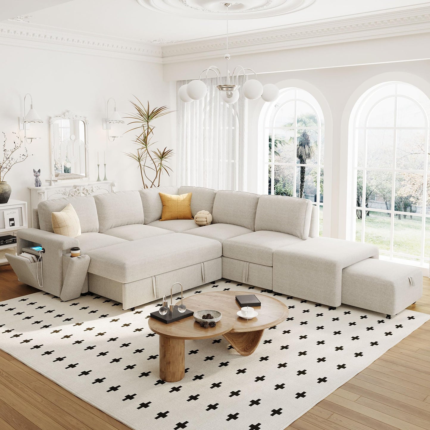 Merax L-Shaped Modular Sofa with Removable Storage Ottoman, USB Ports and Cup Holder, Upholstered Sectional Couch & Armrest, Free Combination Indoor Furniture for Living Room, Apartments, Beige