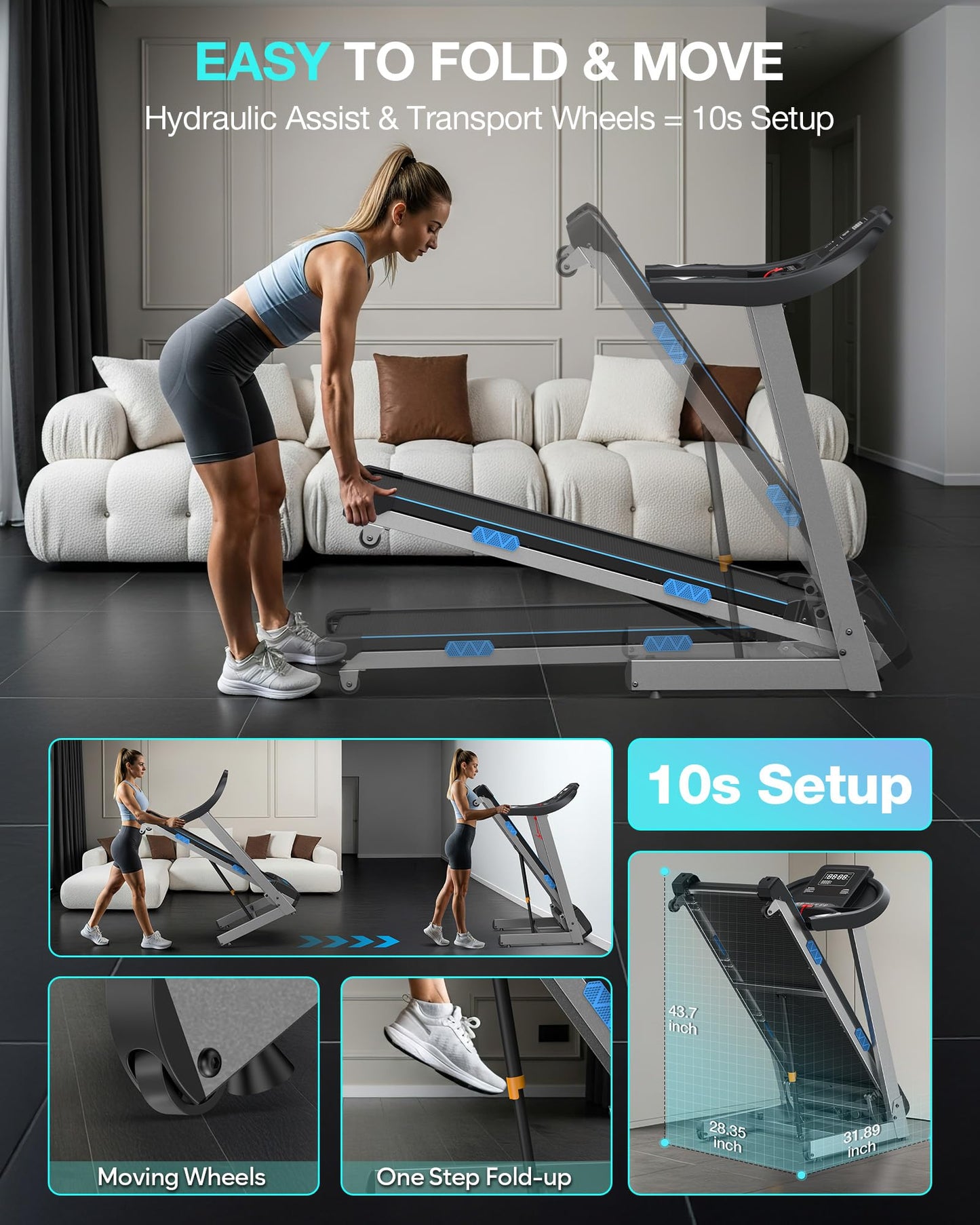 WELLFIT Foldable Treadmill for Home - 400LBS Capacity Folding Treadmills with Handlebar,4.0HP Auto Incline Heavy Duty Treadmill Heart Rate Sensor, LED Display, App Control