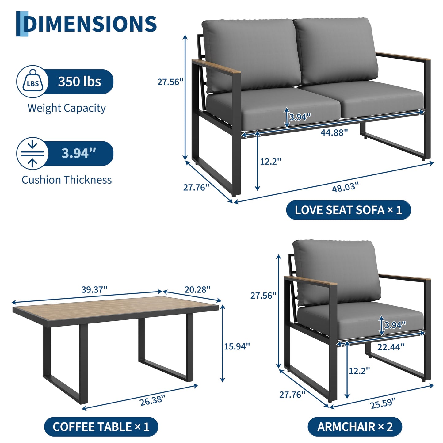 4-Piece Outdoor Patio Furniture Set, Conversation Sofa Set with Table, Metal Frame, All-Weather, UV Resistant & Waterproof Couch for Garden, Balcony, Backyard