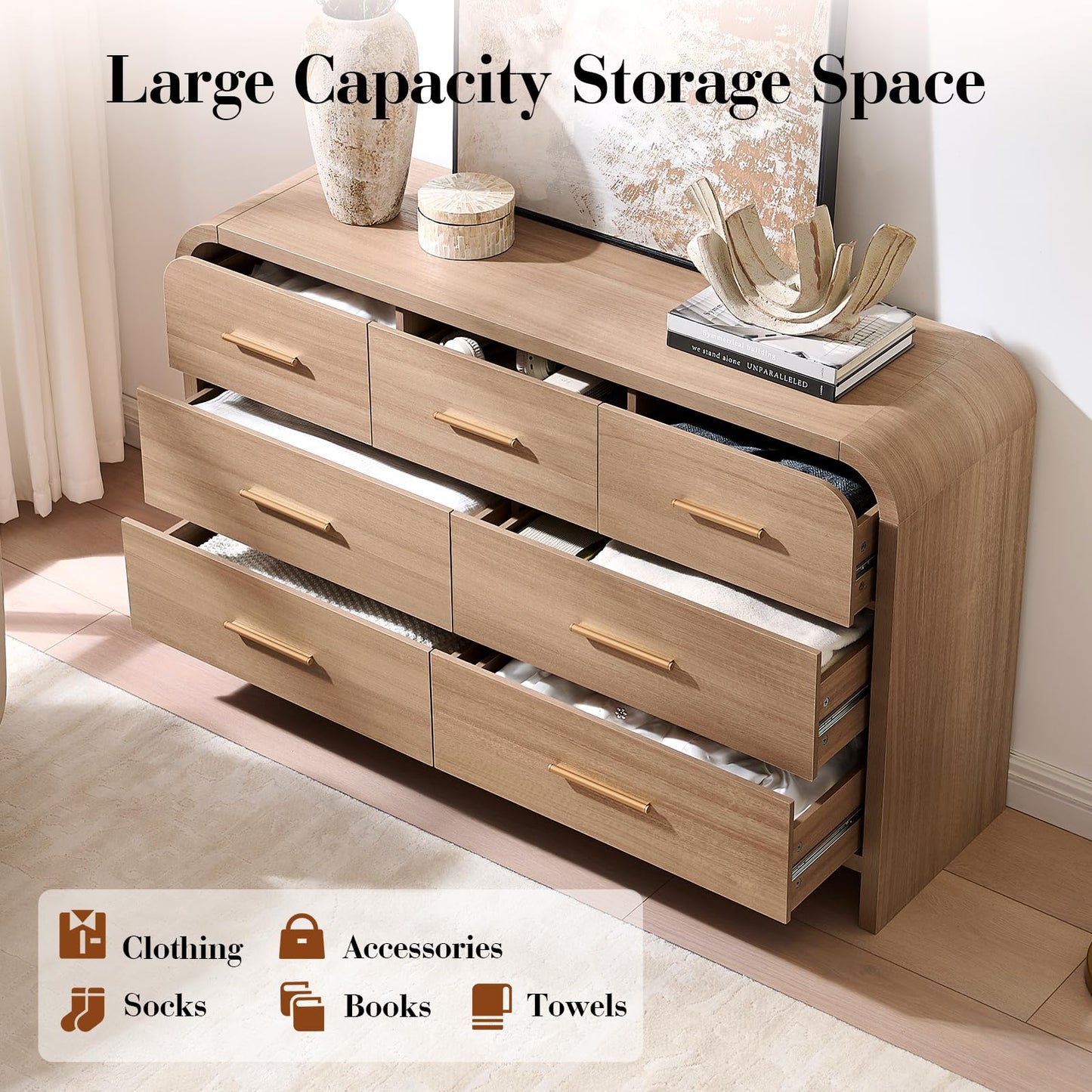 EliteSet Curved 7 Drawer Dresser for Bedroom, 53.82'' Wide Chest of Drawers, Modern Storage Cabinet for Hallway & Living Room TV Stand, FSC Certified 1.18" Thick Board, 100 lbs Top Weight, Oak