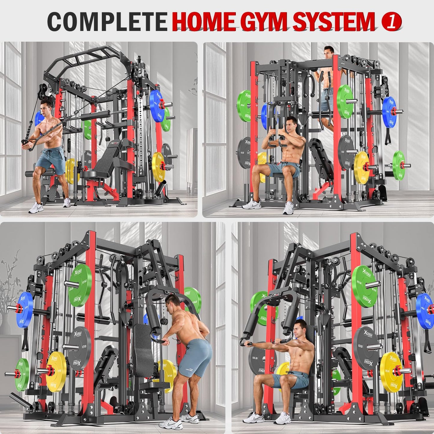 Smith Machine with Cable Crossover System, Multi-Function Squat Rack Power Cage for Home Gym, Power Rack and Packages (Black, L07-Smith Machine)
