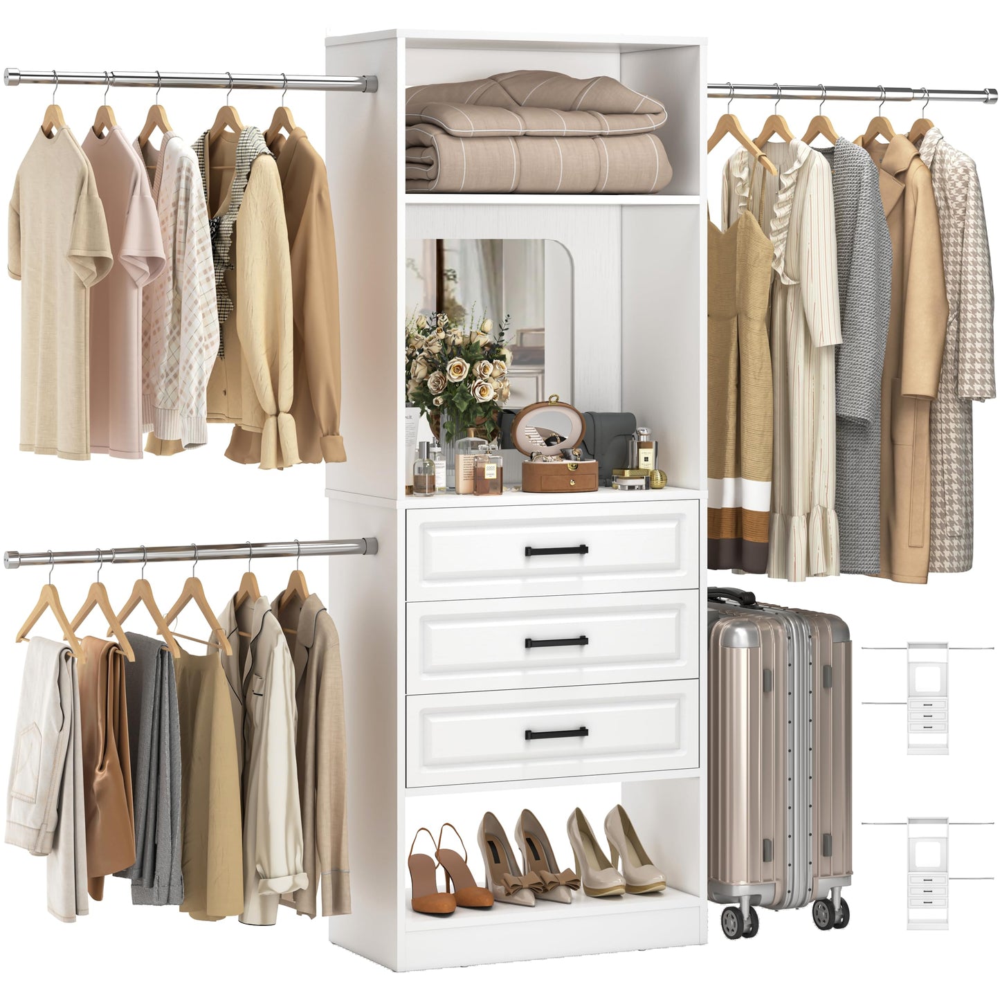 Unikito 48" W - 96” W Closet System with Mirror, 8FT Walk in Closet Organizer Kits with Drawers and 3 Extendable Hanging Rod, Sturdy Wood Clothing Garment Rack with 25” Tower, Max Load 1000 LBS, White
