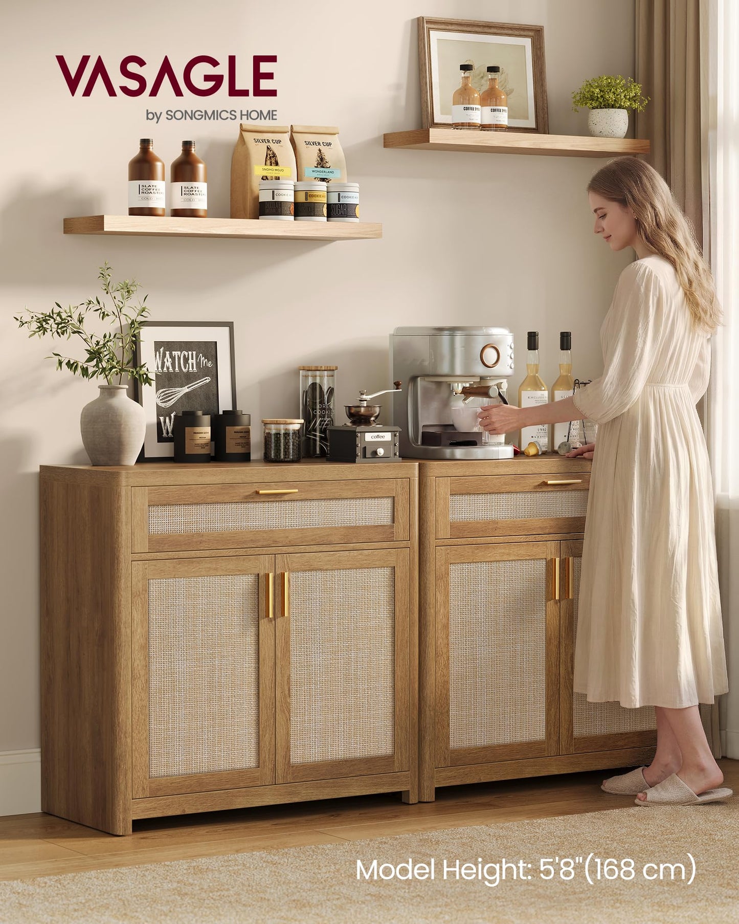 VASAGLE ELLAN Collection - Boho Buffet Cabinets with Rattan-Look Doors, Sideboard Storage Cabinet, Rounded Corners, Adjustable Shelf, Drawer, for Dining Room, Set of 2, Natural Brown UBBK601KC01-2J