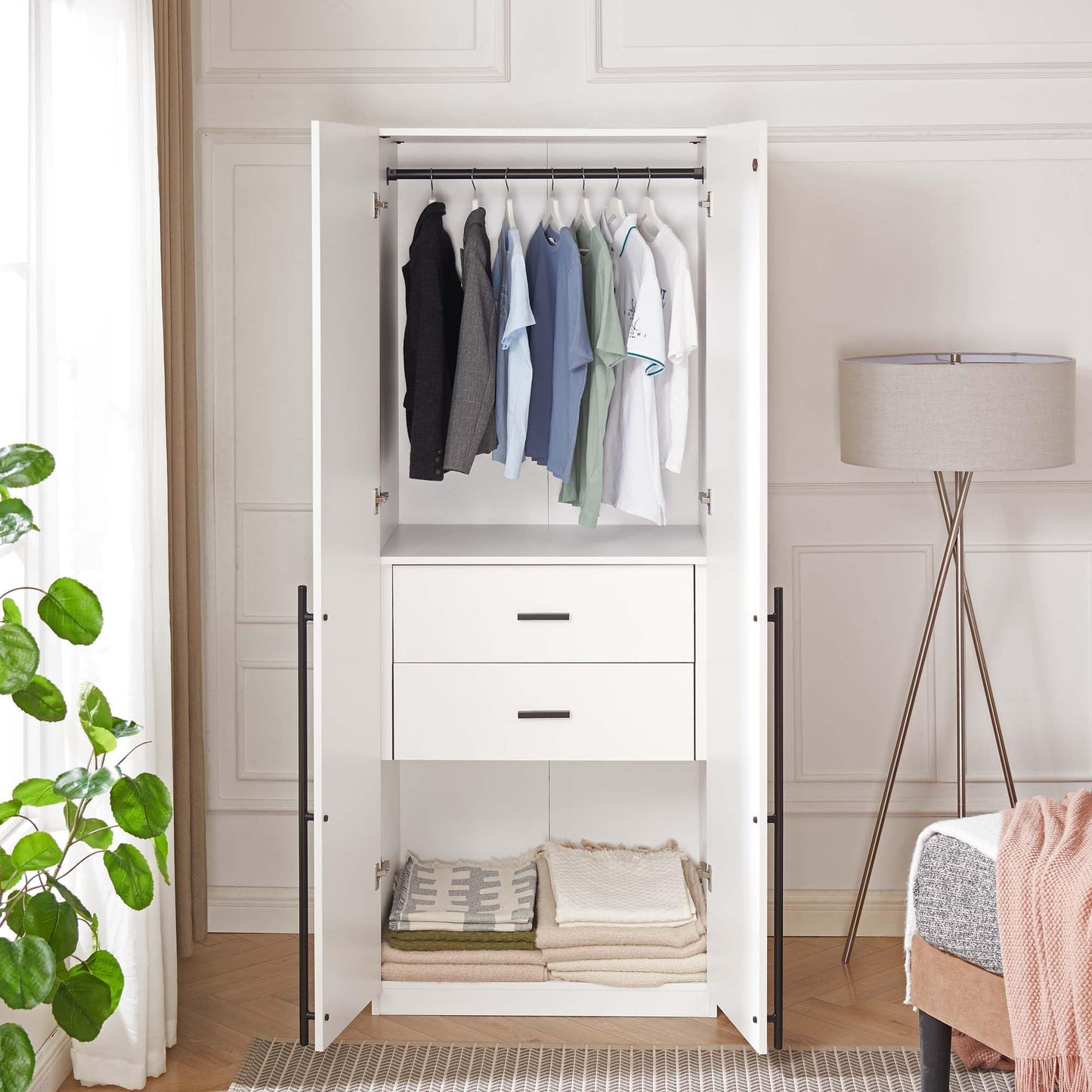 Manhattan Comfort Lee Modern Freestanding Closet 2.0 | Space-Saving Design with 1 Hanging Rod, 1 Shelf & 2 Drawers | Soft Close Hinges | No Tool Assembly Storage Cabinet, White