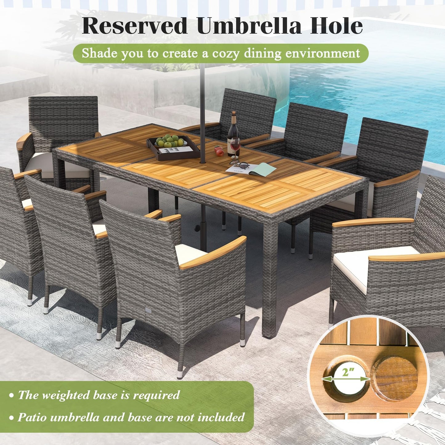 Tangkula 9 Pieces Outdoor Wicker Dining Set, Patio Dining Furniture Set with Acacia Wood Table and 8 Armchairs, Outdoor Table and Chairs Set with 1.96” Umbrella Hole and Cushions