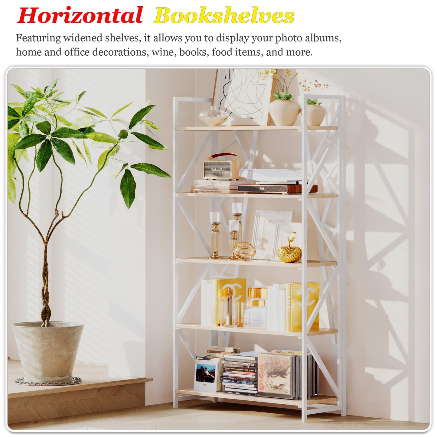 UDD No Assembly Wide Folding Bookshelf, 64.3" H x 30.9" W, 5 Tier Foldable Book Shelf Industrial Bookcase, Vintage Collapsible Storage Shelves for Home Office Living Room Bedroom, Light Oak White