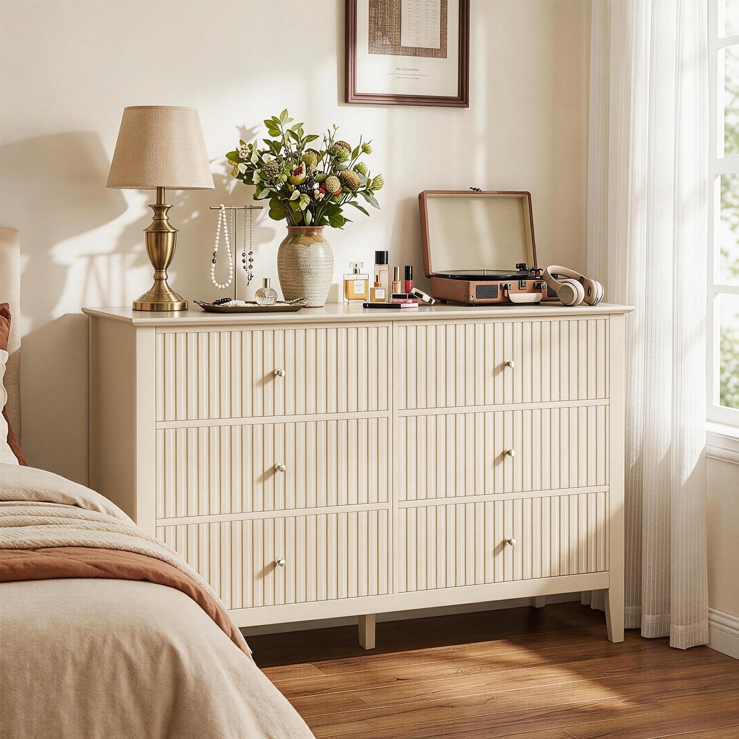 RoyalCraft Beige 6 Drawer Dresser, Fluted Modern Wood Chest of Drawers, Long Dresser for Bedroom TV Stand Storage Cabinet for Living Room