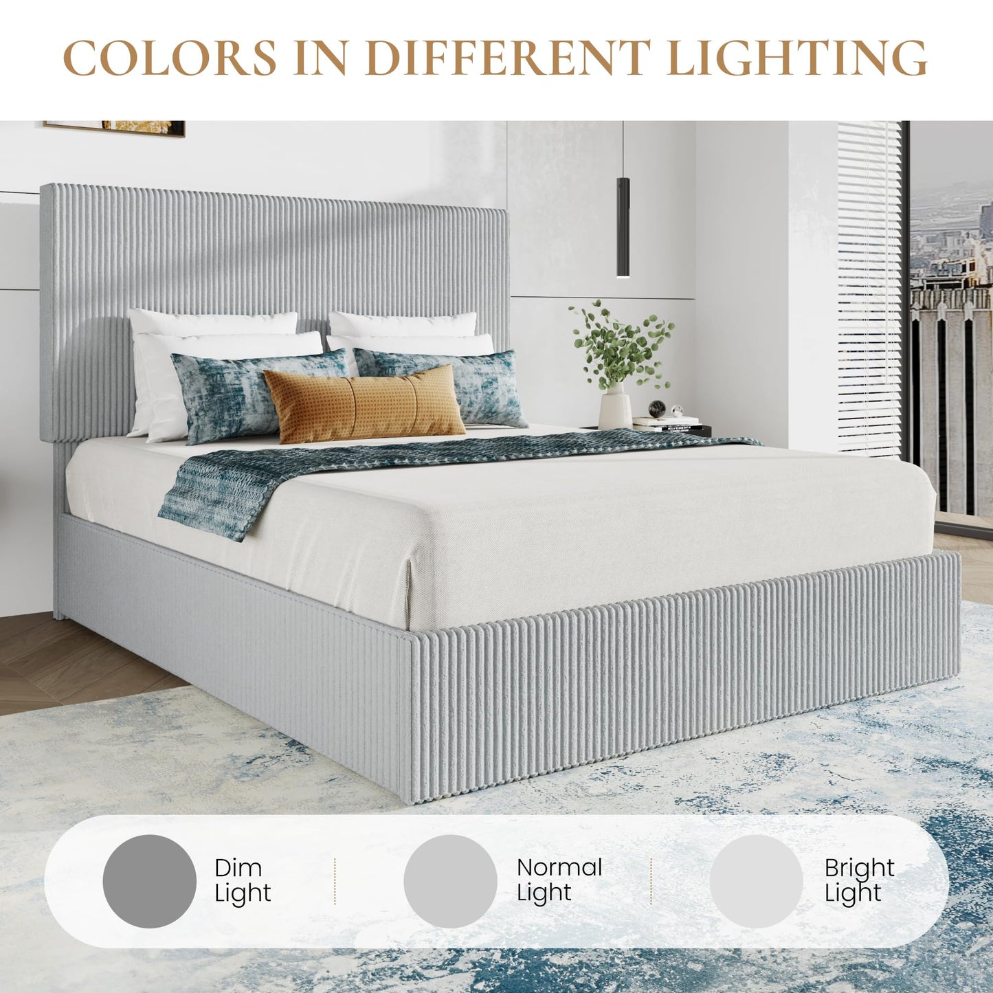 SHA CERLIN Queen Bed Frame, Corduroy Upholstered Platform Bed, Adjustable Vertical Channel Tufted Headboard, Modern Low Profile Frame, No Box Spring Needed, Easy Assembly, Light Grey