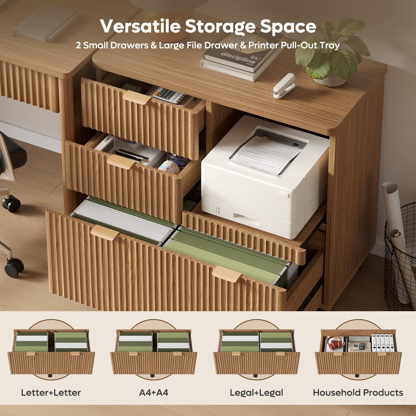 Bestier 3 Drawer File Cabinet, Decorative Fluted Wood Lateral Filing Cabinet with Caster for Home Office, Fits for A4/Letter/Legal-Sized Files, Printer Stand with Open Storage Shelves, Brown