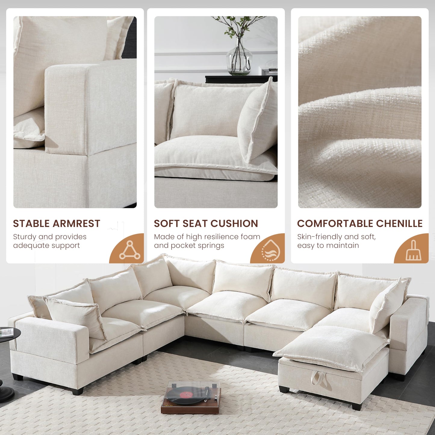 Merax Modern U-Shaped Modular Couch Set with Storage Ottoman, Chenille 7-Seat Sectional Sofa Sleeper Bed with Wide Seat for Living Room, Free Combination,Off White