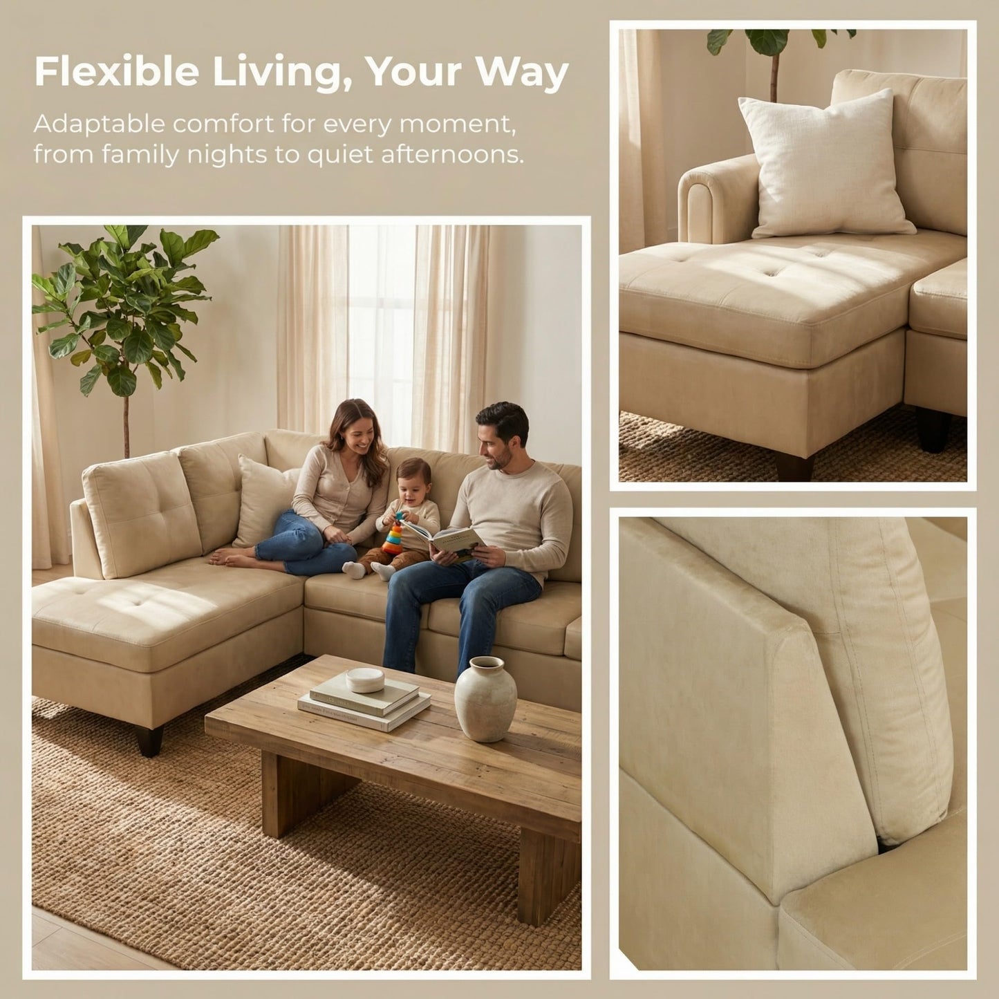 NicBex Comfy Couches for Living Room, 2-Piece 97" L-Shaped Sectional Couch with Movable Chaise, Modern Sofa Living Room Set for Apartment, Office & Bedroom, Beige
