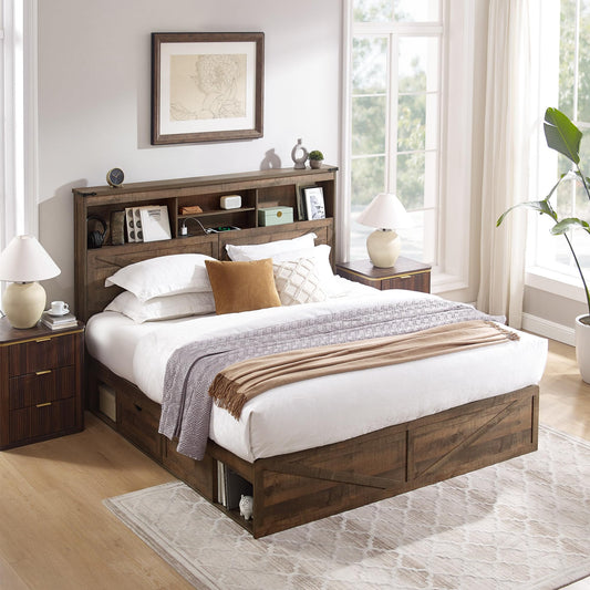 ACCOHOHO Farmhouse Queen Size Bed Frame with 52" High Storage Bookcase Headboard and 4 Drawers,Wooden Bed Frame with LED Light and Charging Station,Light Brown