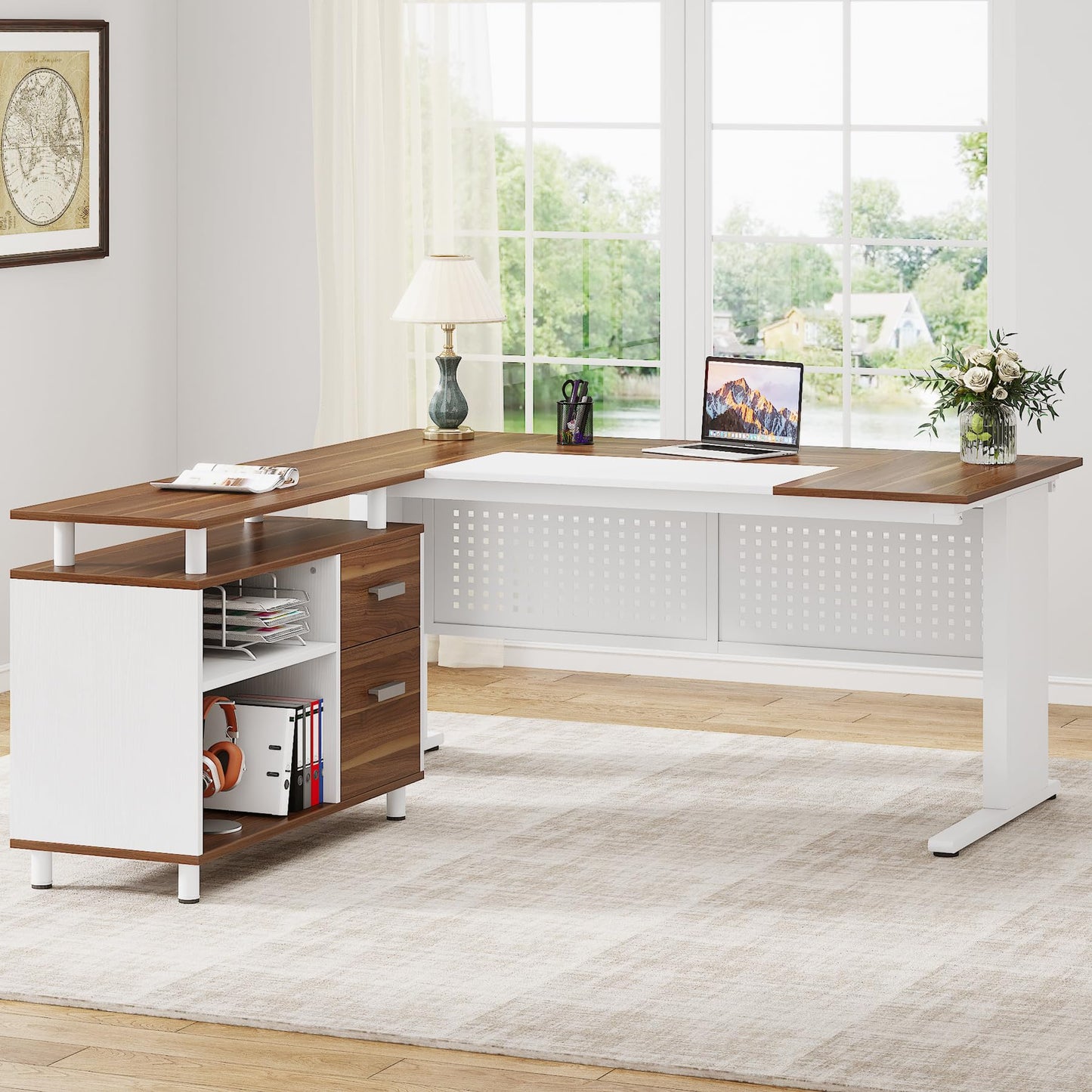 Tribesigns 63 Inch Executive Desk with File Cabinet, L Shaped Office Desk with Drawers and Storage Shelves, Business Furniture Set Workstation for Home Office, White and Walnut