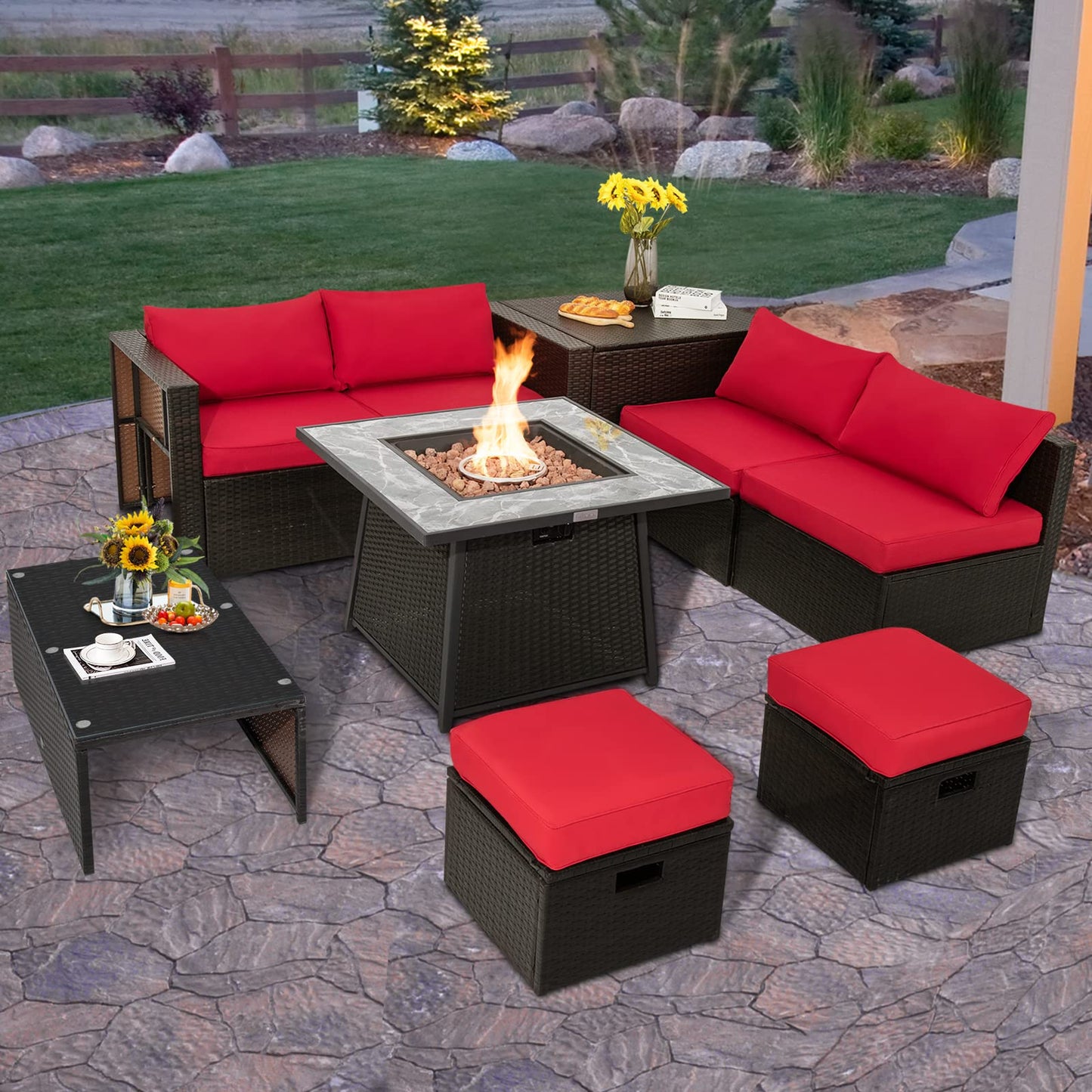 Tangkula 9 Pieces Outdoor Patio Furniture Set with 35-Inch Propane Fire Pit Table, Outdoor PE Wicker Sectional Sofa Set with Storage Box and Cushions, 50,000 BTU Gas Fire Pit Table (Red)