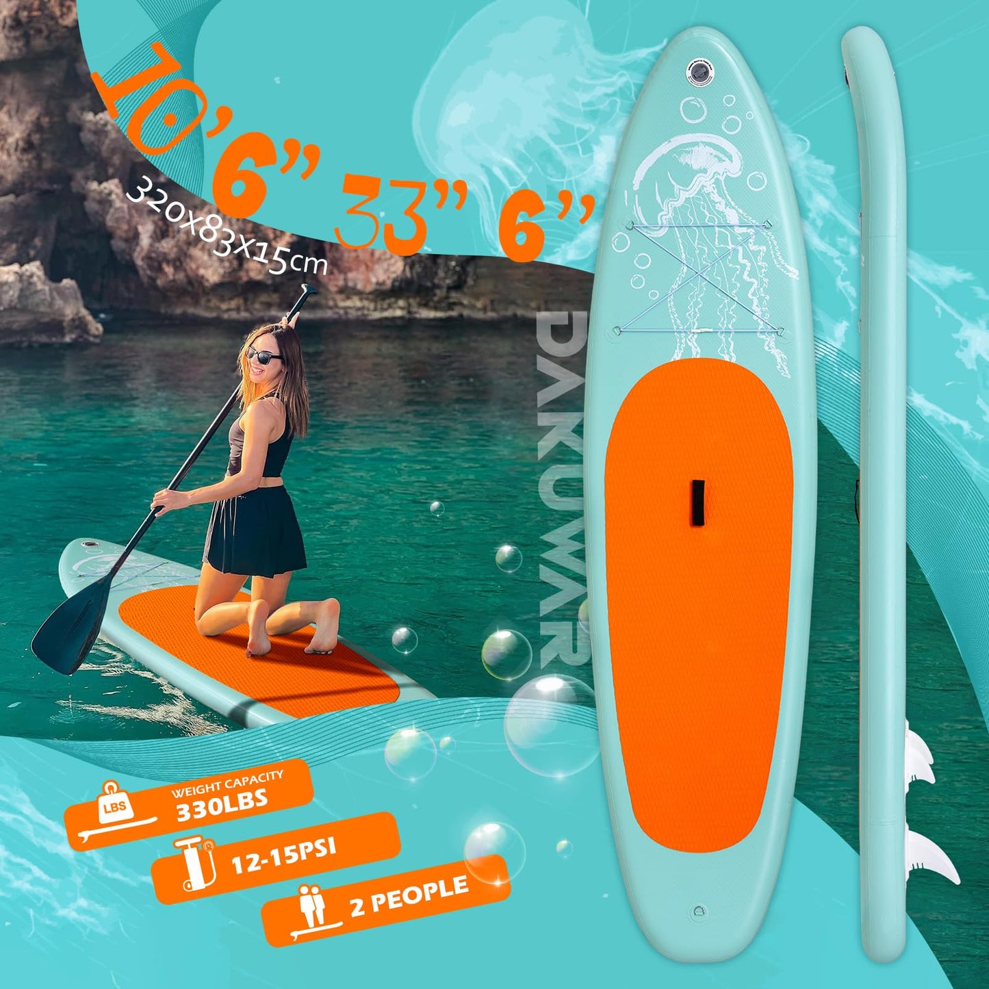 DAKUWAR Paddle Board 10'6''x33''x6'' Inflatable Stand Up Paddle Boards with SUP Accessories Ultra-Light Paddleboard Non-Slip Comfort Deck for Adults & Youth of All Skill Levels (Green and Orange)