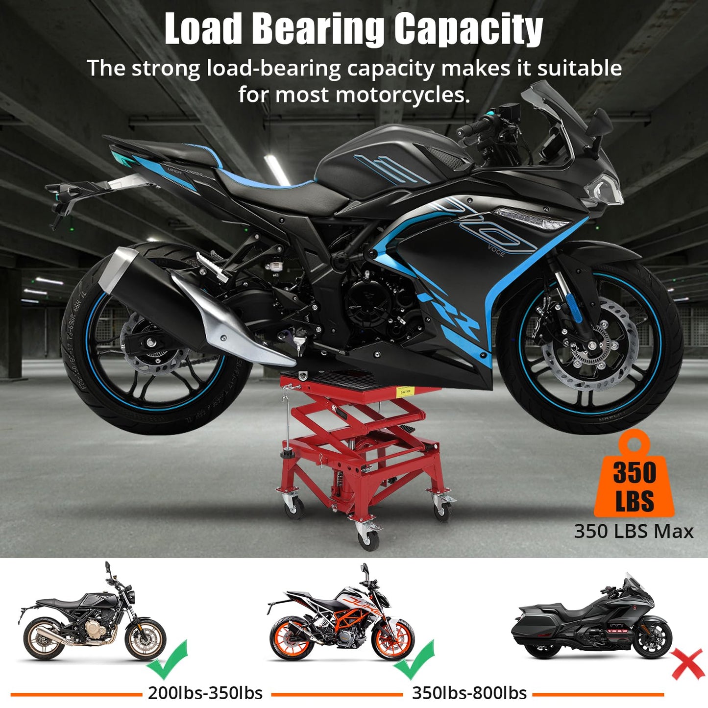 350 Lbs Heavy Duty Hydraulic Motorcycle Lift Table, Foot Operated Scissor Jack with 4 Wheels for ATV Dirt Bike UTV, Motorcycle Jack Stand for Garage Shop Maintenance & Repair