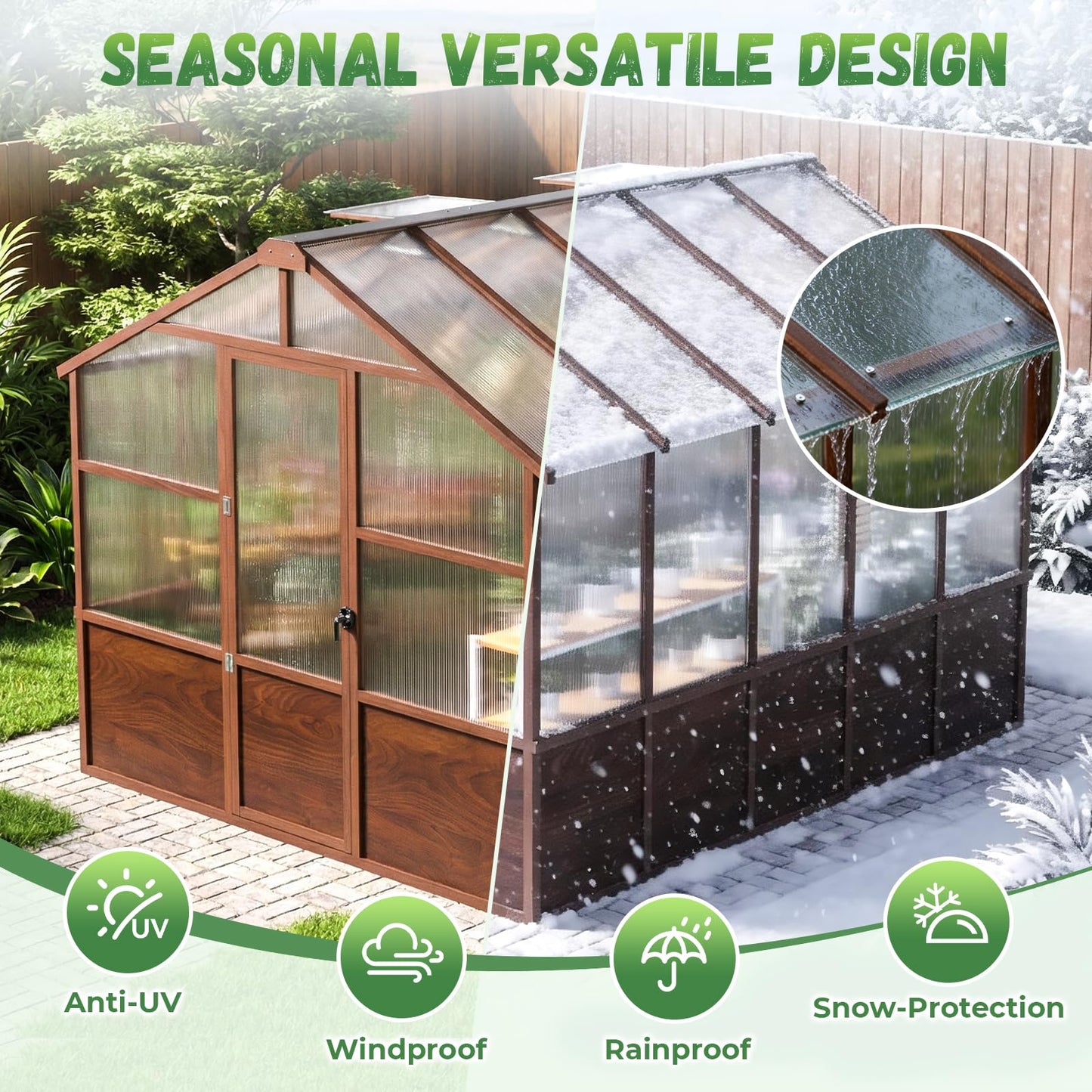 Jocoevol 8x10ft Outdoor Greenhouse, Wooden Frame Polycarbonate Greenhouse with Adjustable Roof Vents and Lockable Door Handle, Walk-in Greenhouse Perfect for Backyard and Garden