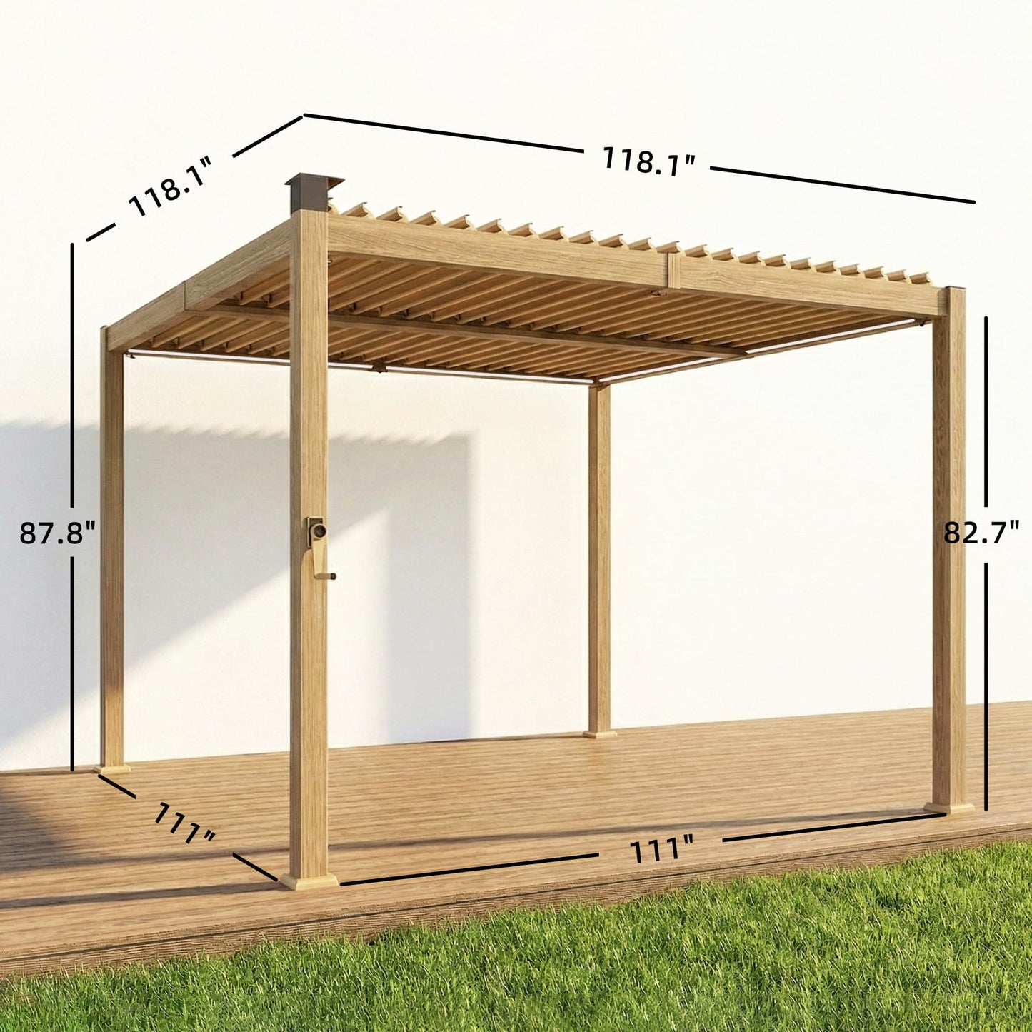 Outsunny Louvered Pergola with Solar LED Lights, 10' x 10' Outdoor Pergola Metal Patio Hardtop Gazebo with Adjustable Metal Louvered Roof, Drainage Gutters, Handle for Deck, Brown