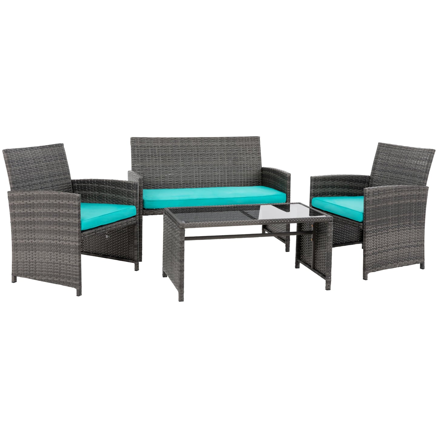 4 Piece Patio Ratten Set Outdoor Furniture Set Wicker Conversation Sets with Cushions and Tempered Glass Tabletop,Blue