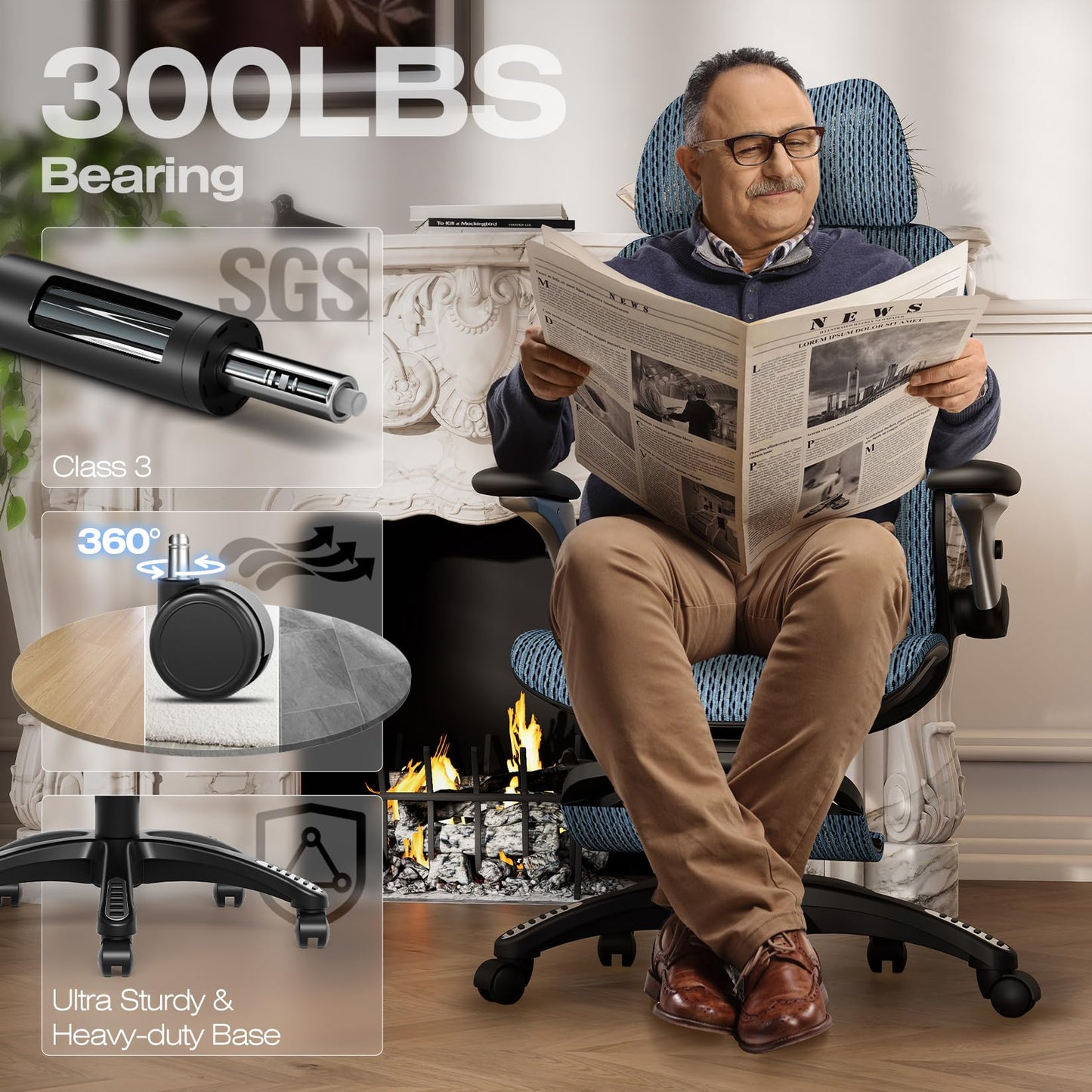 ELABEST X100 Ergonomic Office Chair with Footrest, Big and Tall Home Desk Chair with 5D Flip-Up Arms, Adjustable 3D Lumbar Support,High Back Rolling Computer Chair, Swivel Mesh Chairs (Oaxaca Blue)
