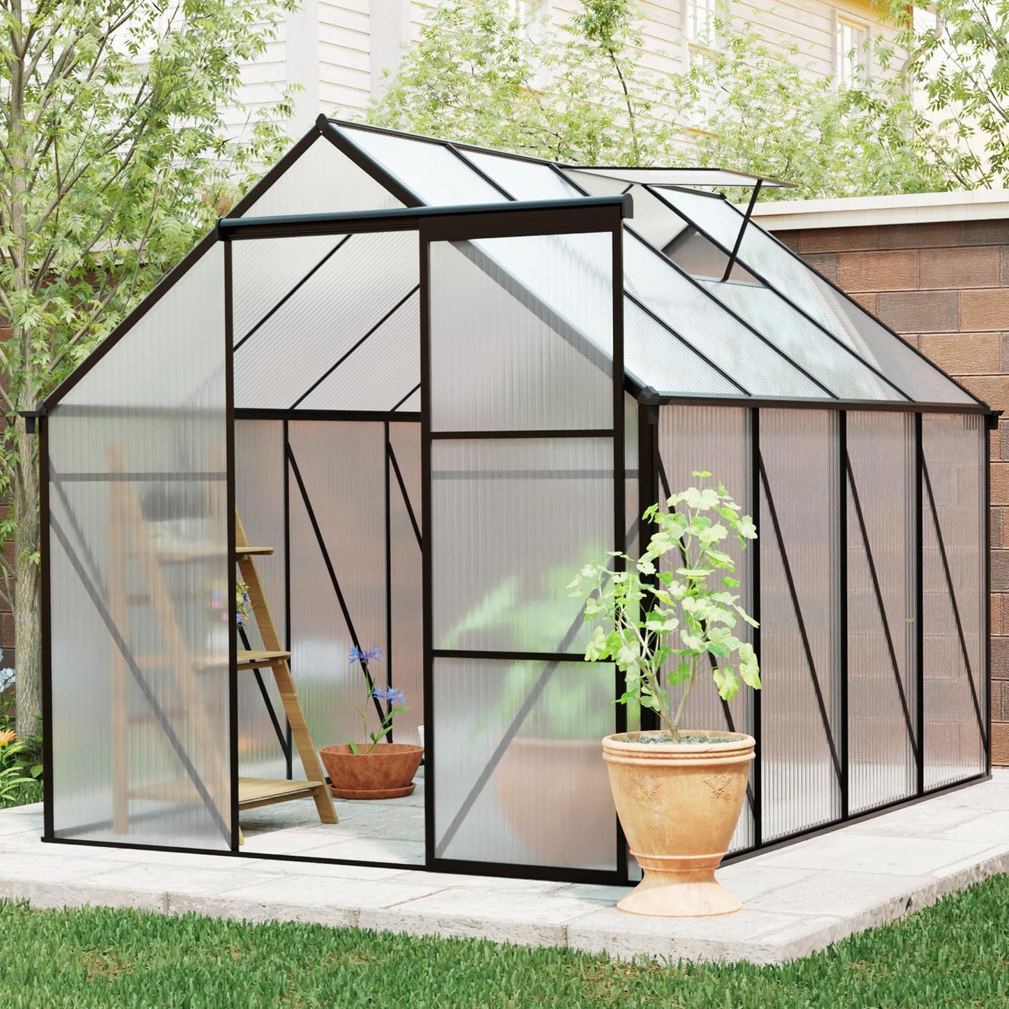 KEIKI 6x8 FT Polycarbonate Greenhouse with Aluminum Frame,Raised Base and Roof Vent,Walk-in Greenhouses for Patio Garden