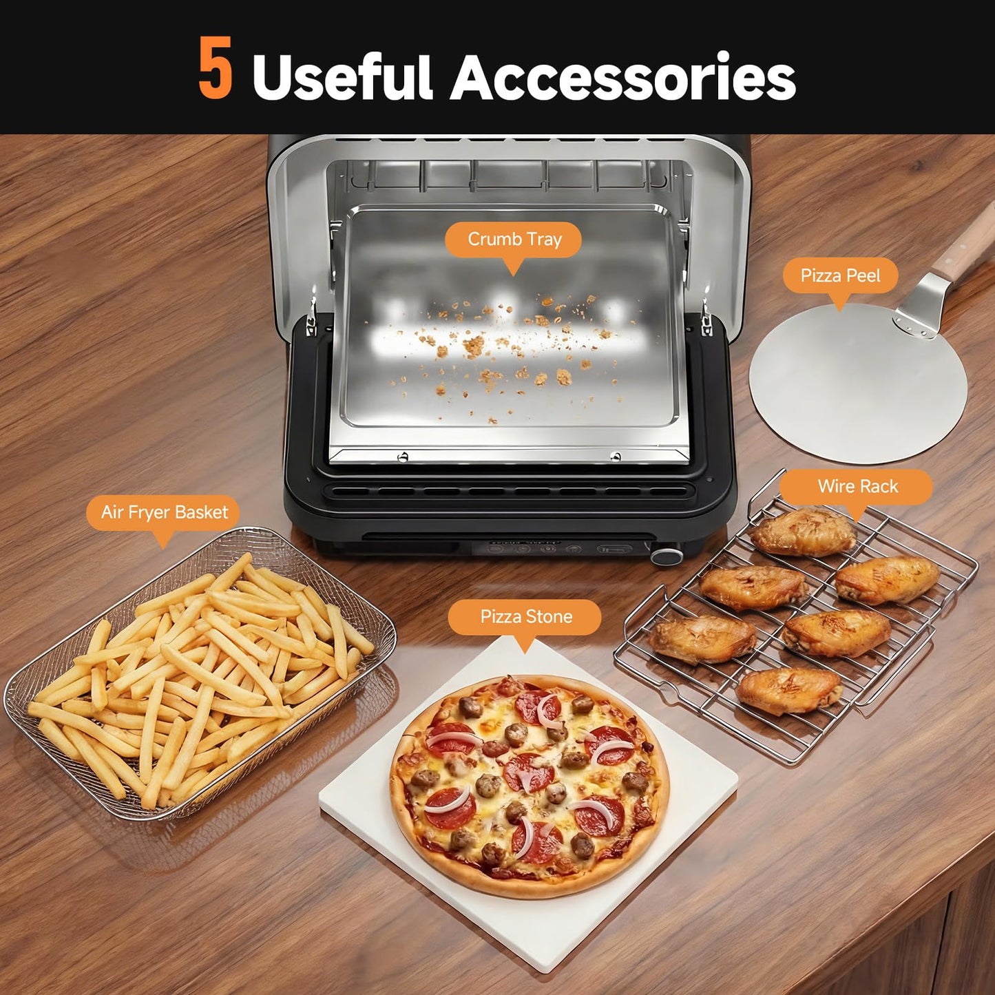 KINGWISE Convection Pizza Oven Electric, IPX4 Waterproof Countertop Air Fryer Oven, Fits 13-Inch Pizza, Heats up to 750℉, 6 Cooking Functions and 5 Pizza Presets, Pizza Stone & Pizza Peel Included