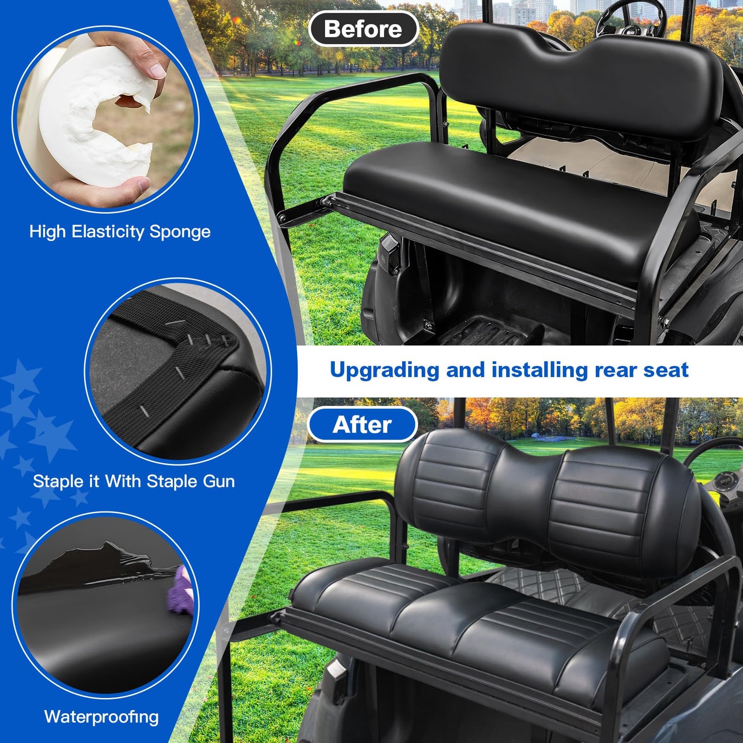 NOKINS Golf Cart Premium Seat Cushion Kit,Seat Back & Seat Bottom Cushion Assembly (Black, Fits Aftermarket Standard Rear Seat)