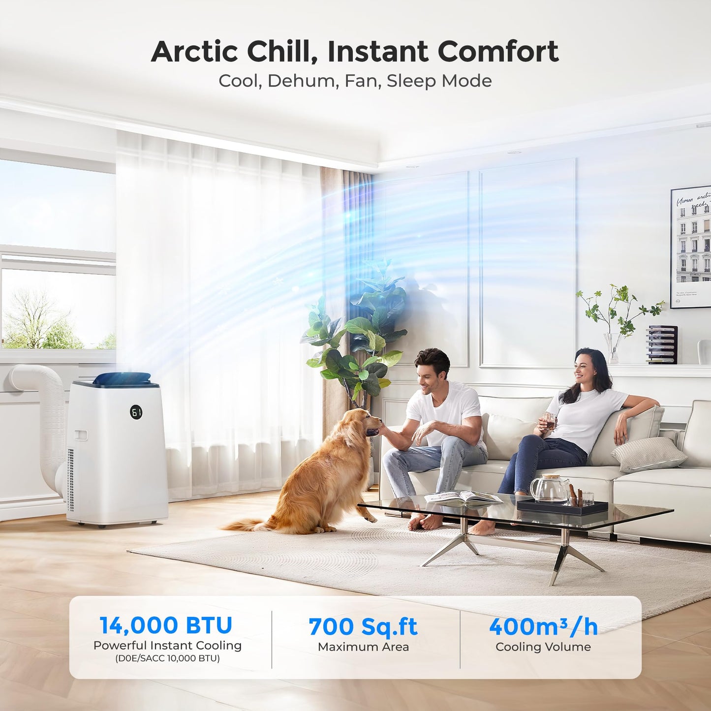 AGTANA 14000 BTU Portable Air Conditioner for Large Room up to 700 Sq. Ft, 3-in-1 Self-Evaporating AC with Fan & Dehumidifier, Floor Standing Portable AC Unit with Remote Control, Auto Swing, White