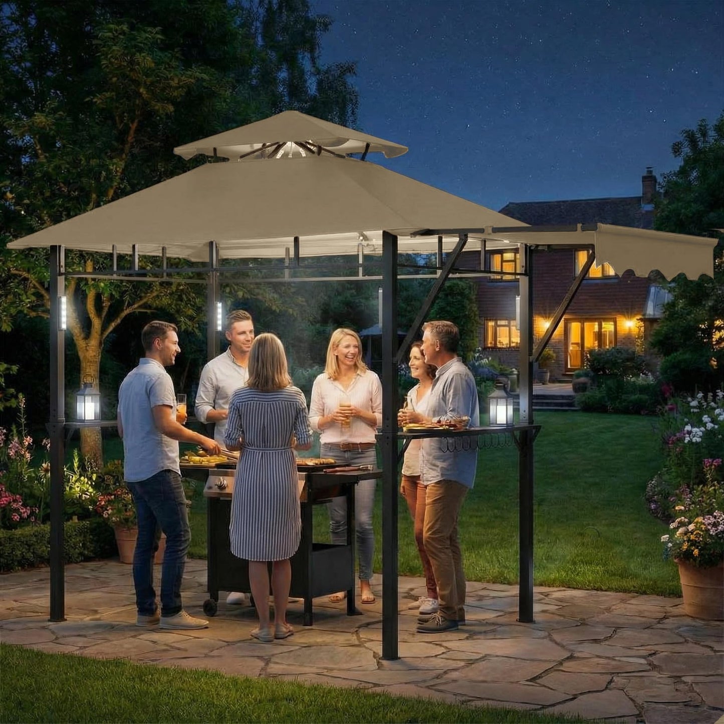 8x5 ft Grill Gazebo, Double Tired Outdoor Patio Canopy Tent with Side Awning Shelves,4 LED Lights,10 Hooks & Bottle Opener,Heavy Duty Steel Frame Grilling Canopy for Patio Backyard Garden Picnic,Khaki