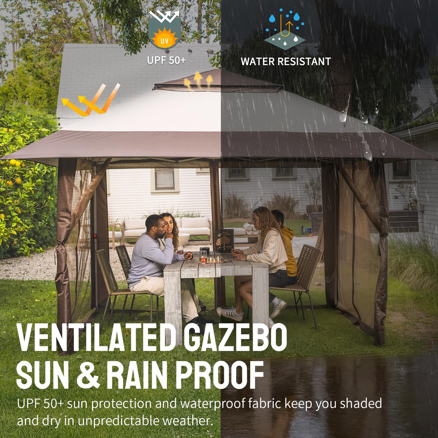 CROWN SHADES 13x13 Pop Up Gazebo, Canopy Tent, Gazebos on Clearance - Outdoor Gazebo for Backyard & Patio Furniture - Carpa Pop Up Tent with Wheeled STO-N-Go Cover Bag (Beige & Coffee)