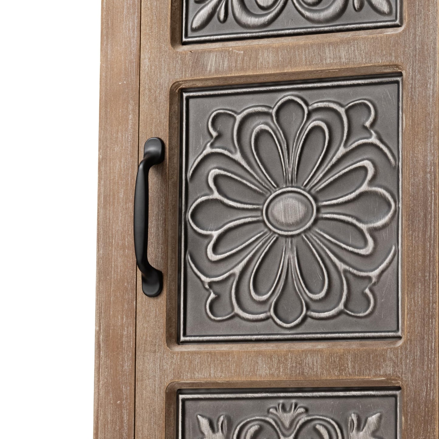 COSIEST 48" Narrow Farmhouse Accent Cabinet, Rustic Wood Storage Tower with 1 Door, 2 Drawers & Adjustable Shelves, Embossed Metal Panel Chest for Small Spaces, Hallway, Kitchen